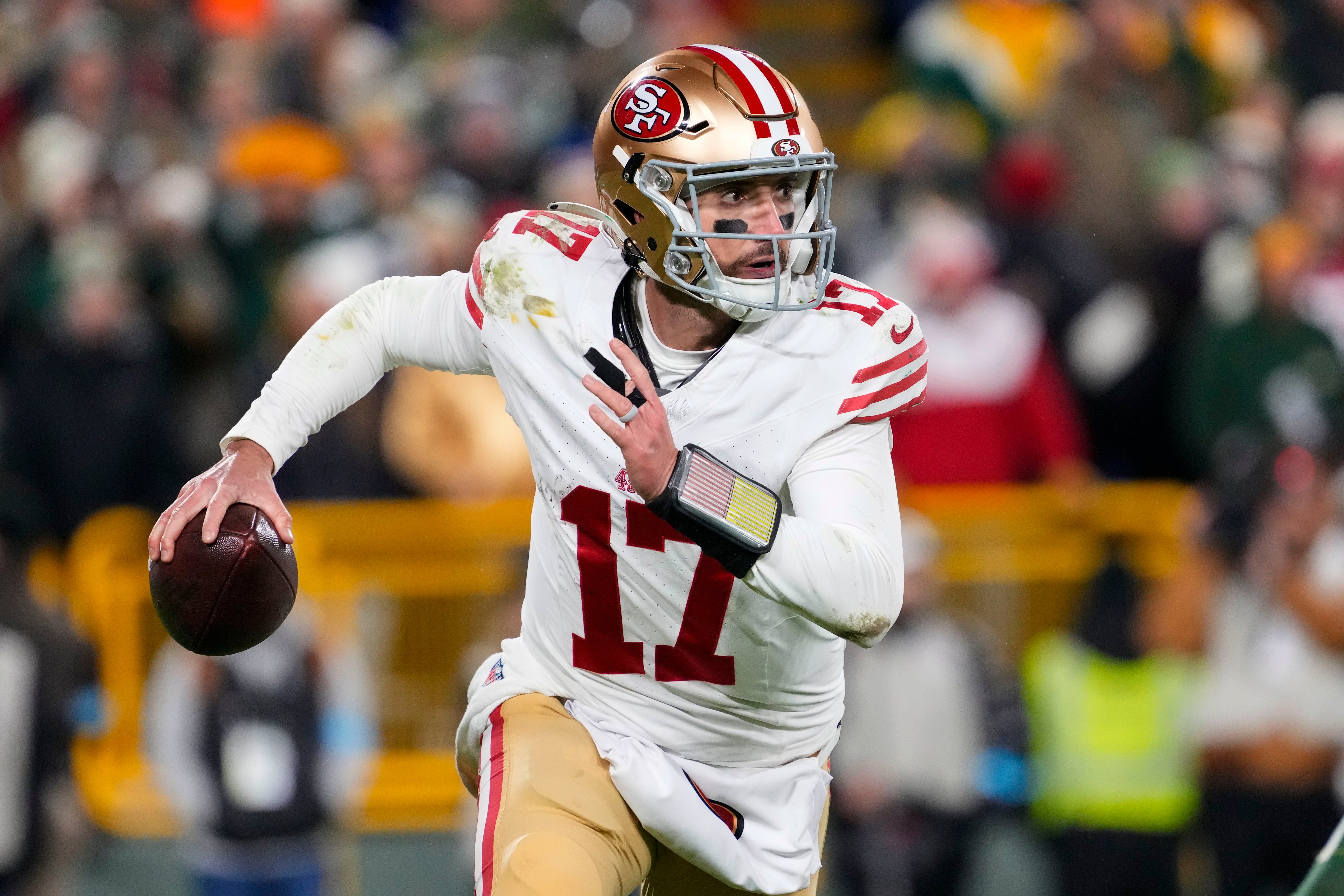 Nov 24, 2024; Green Bay, Wisconsin, USA; San Francisco 49ers quarterback Brandon Allen (17) during the game against the Green Bay Packers at Lambeau Field. Mandatory Credit: Jeff Hanisch-Imagn Images