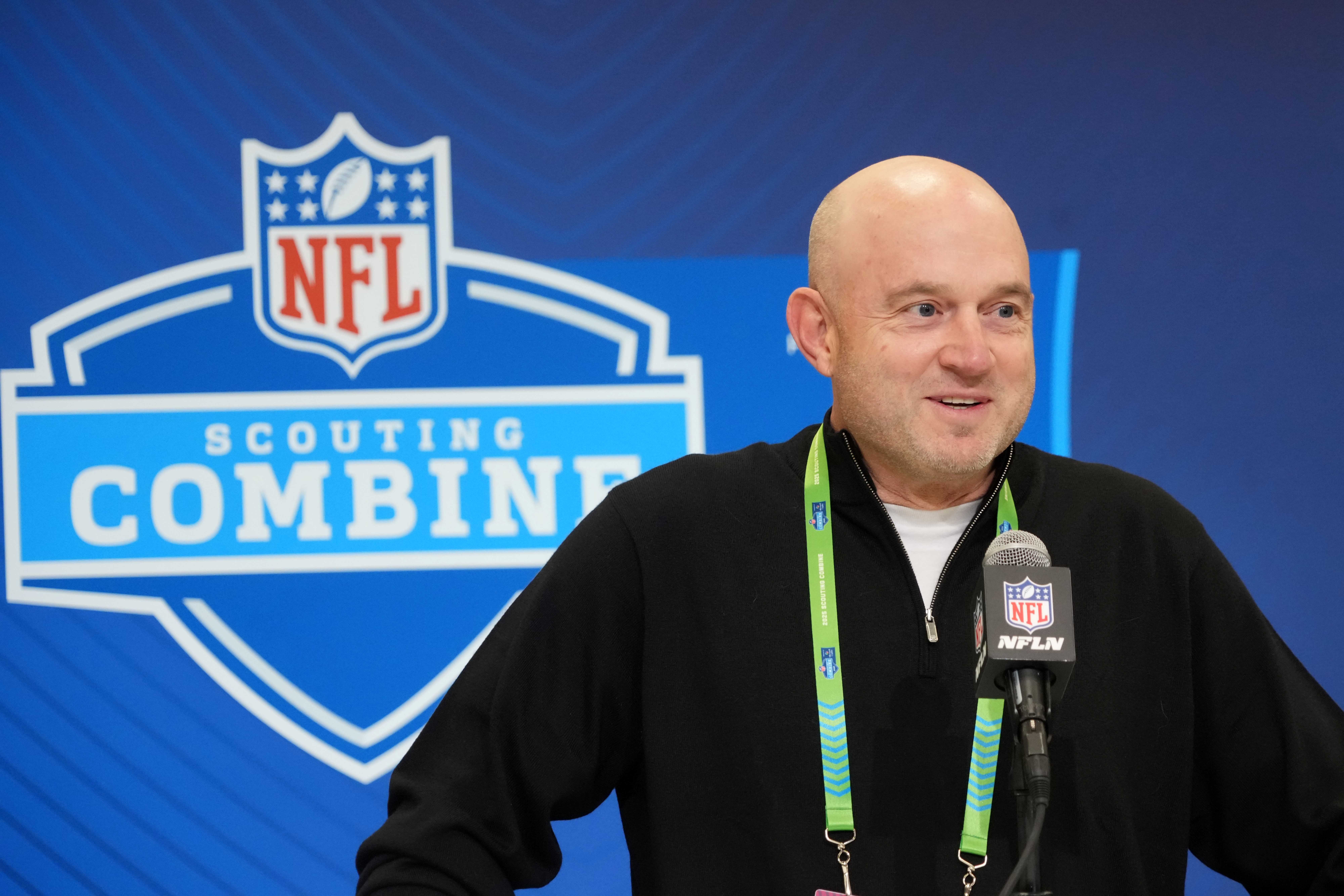 Feb 25, 2025; Indianapolis, IN, USA; Cincinnati Bengals general manager Duke Tobin speaks during the NFL Scouting Combine at the Indiana Convention Center.