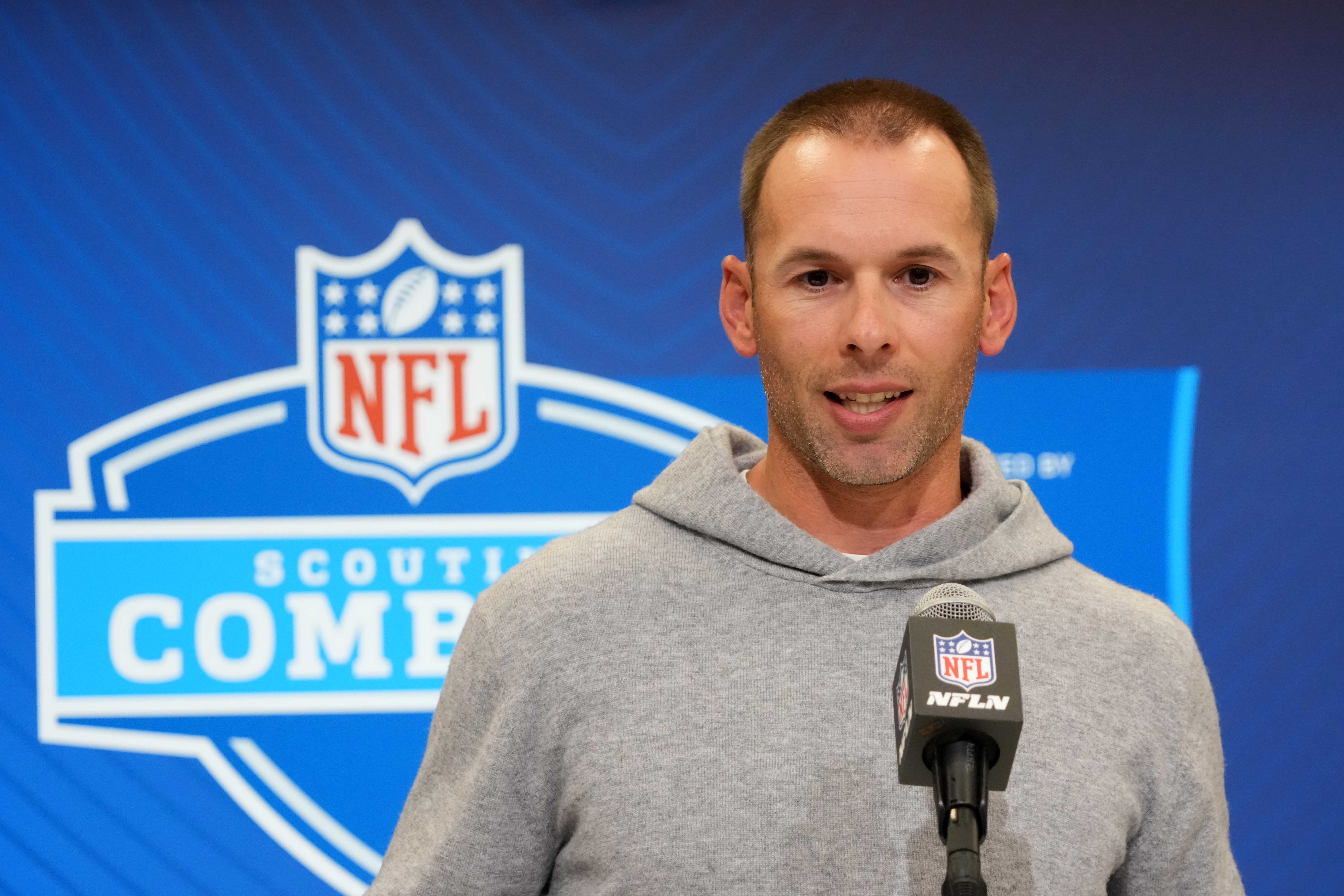 Feb 25, 2025; Indianapolis, IN, USA; Arizona Cardinals coach Jonathan Gannon speaks during the NFL Scouting Combine at the Indiana Convention Center.
