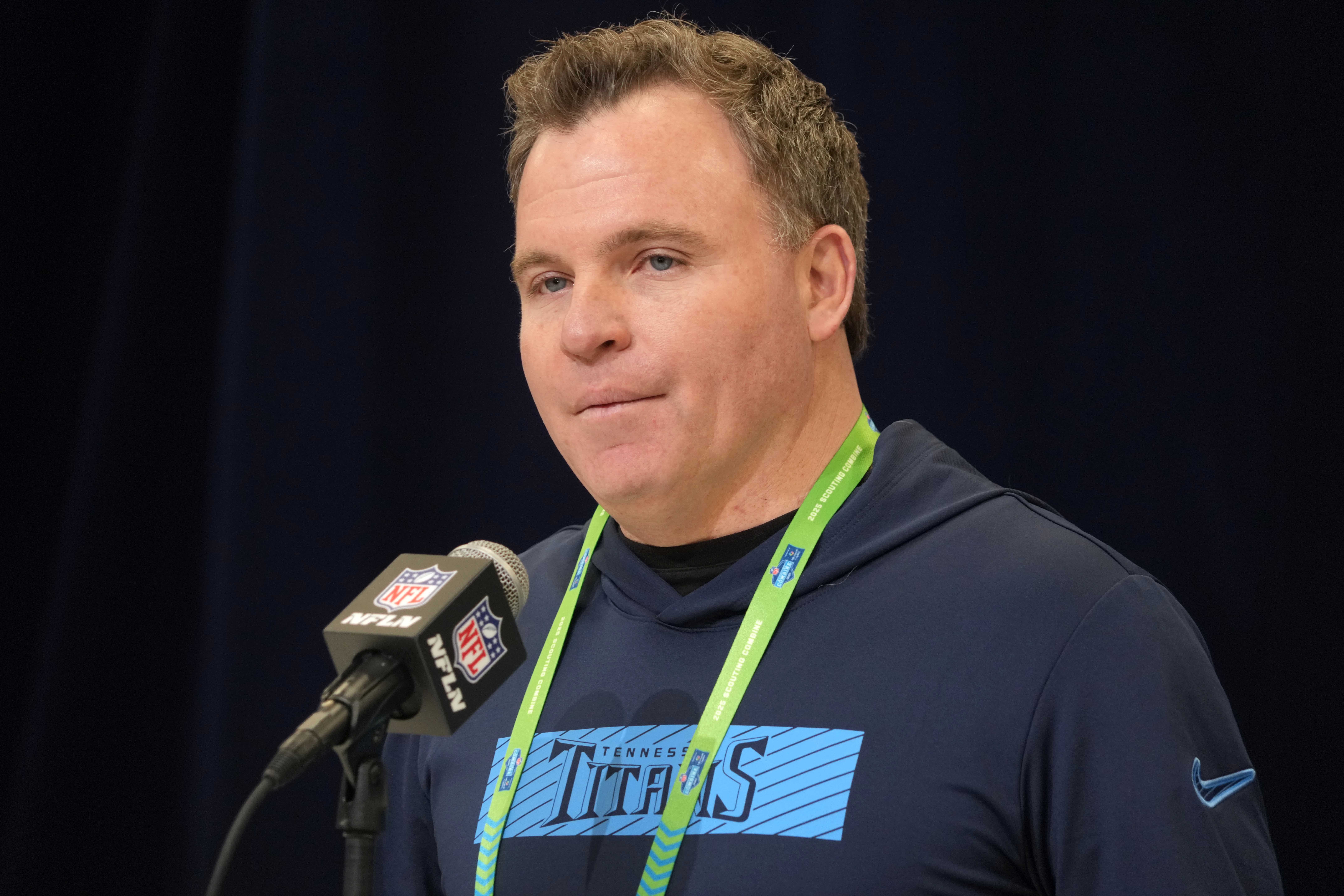 Feb 25, 2025; Indianapolis, IN, USA; Tennessee Titans general manager Mike Borgonzi speaks during the NFL Scouting Combine at the Indiana Convention Center. Mandatory Credit: Kirby Lee-Imagn Images