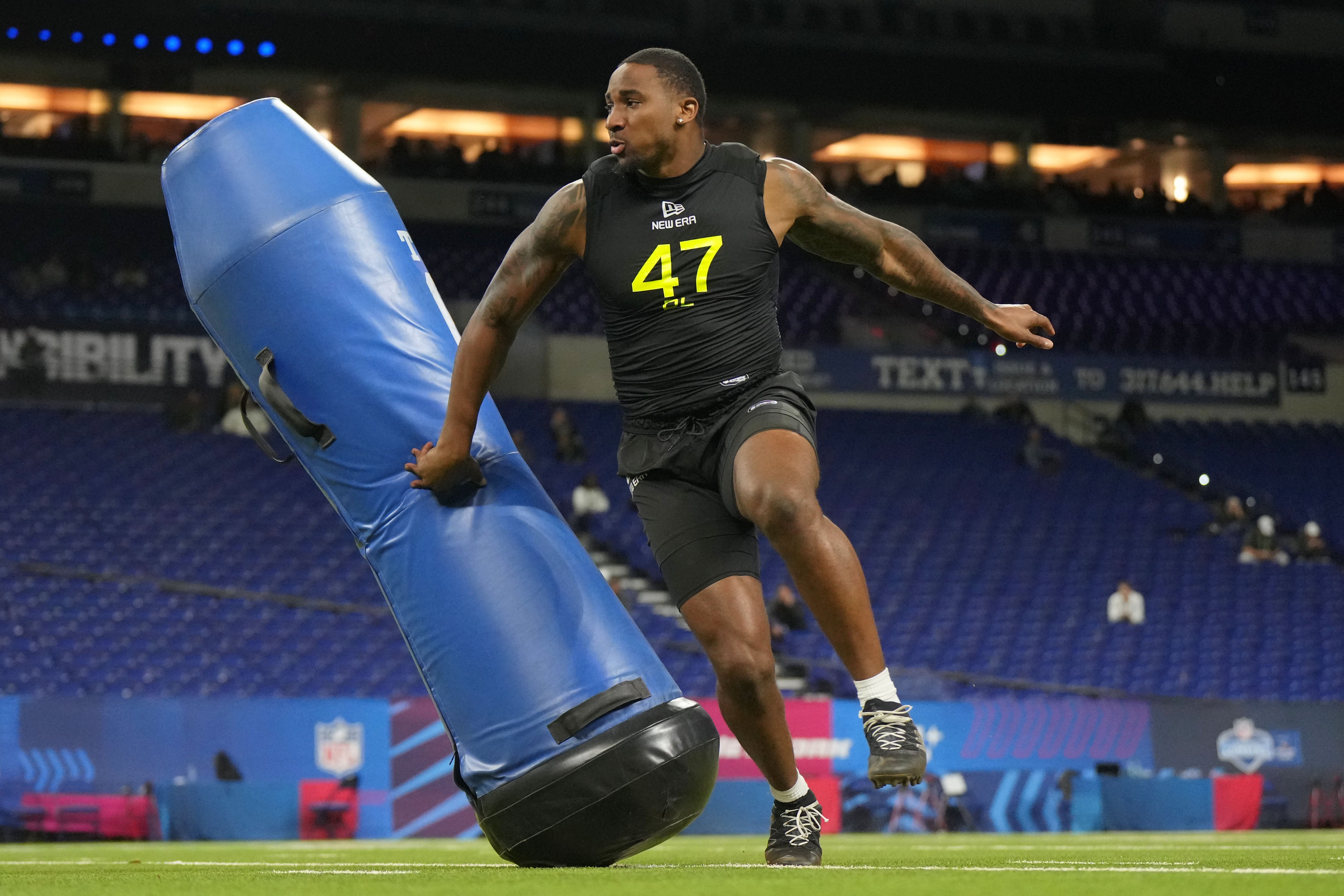 Boston College defensive lineman Donovan Ezeiruaku (DL47) participates in drills during the 2025 NFL Combine at Lucas Oil Stadium.
