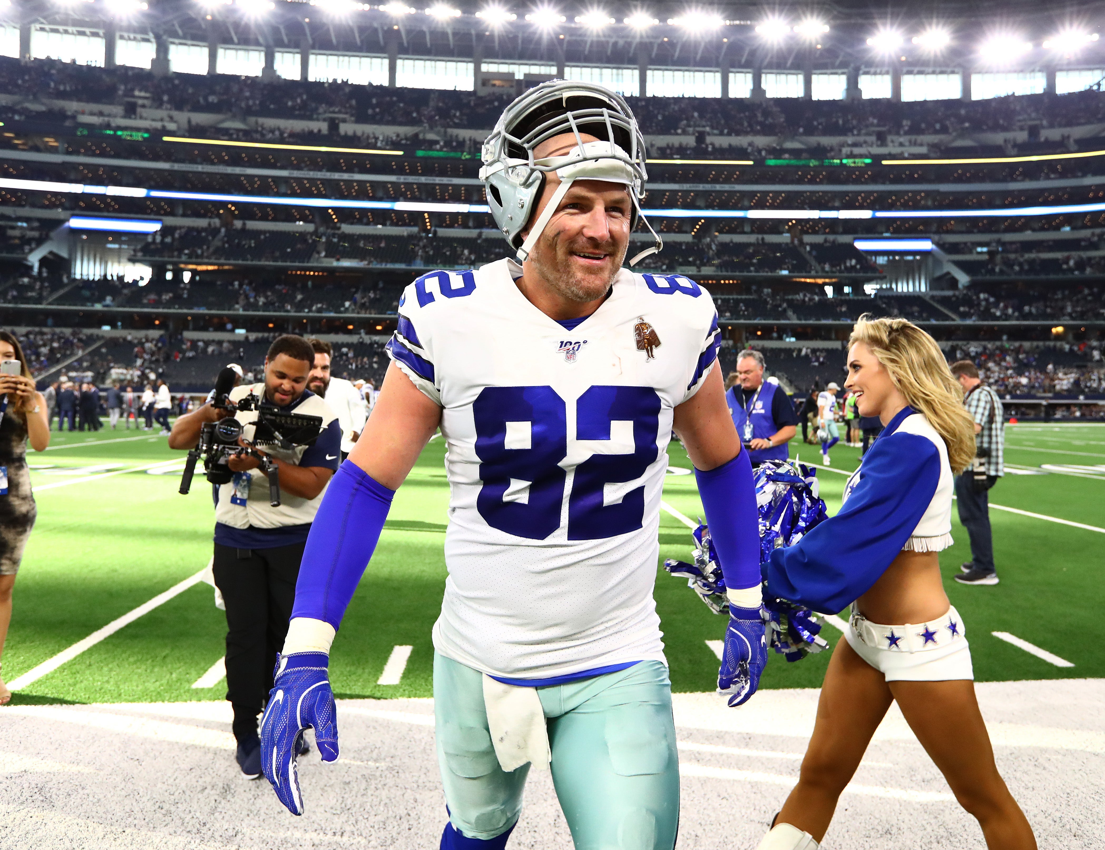 Dallas Cowboys tight end Jason Witten (82) smiles after a victory against the New York Giants at AT&T Stadium.