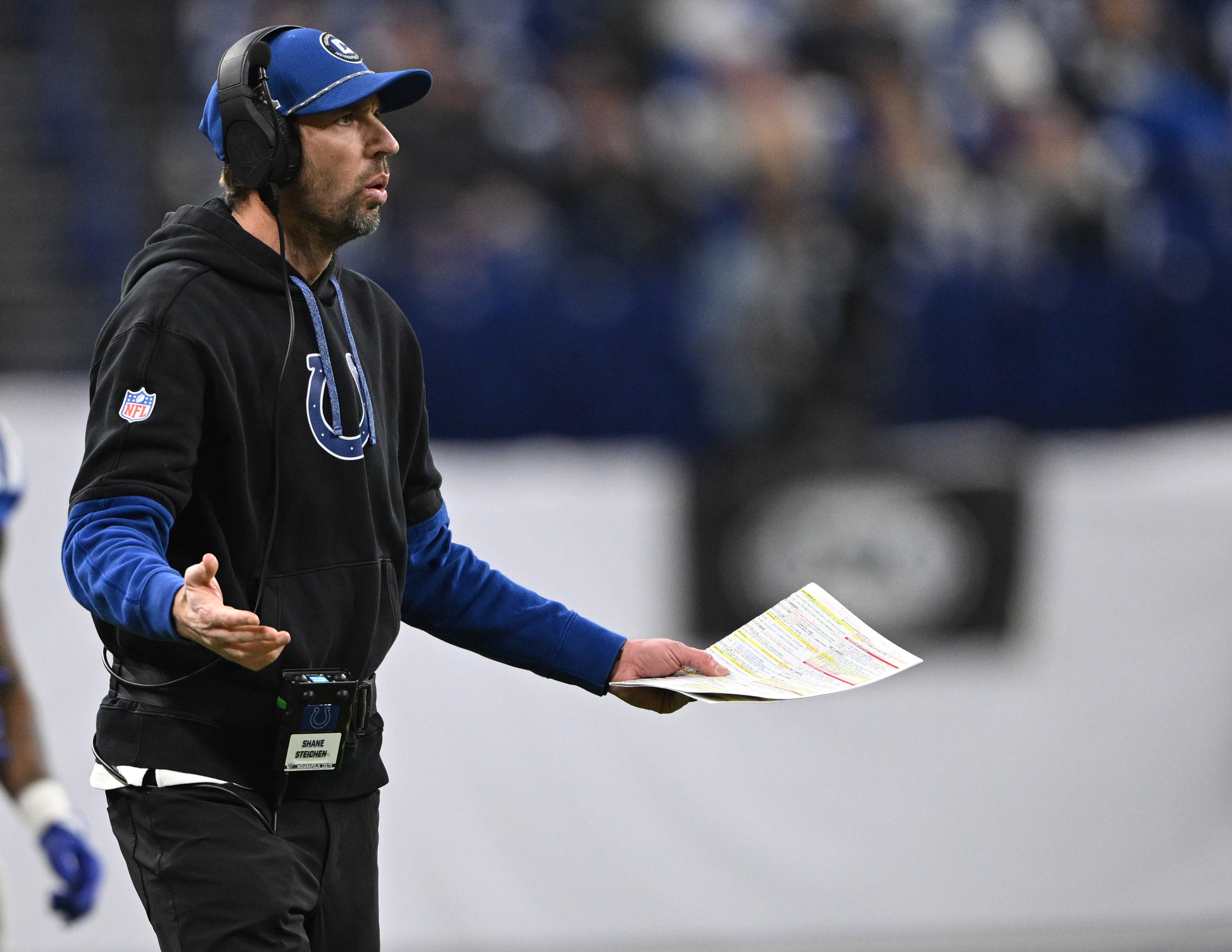 Jan 5, 2025; Indianapolis, Indiana, USA; Indianapolis Colts head coach Shane Steichen reacts to a call during the second half against the Jacksonville Jaguars at Lucas Oil Stadium.