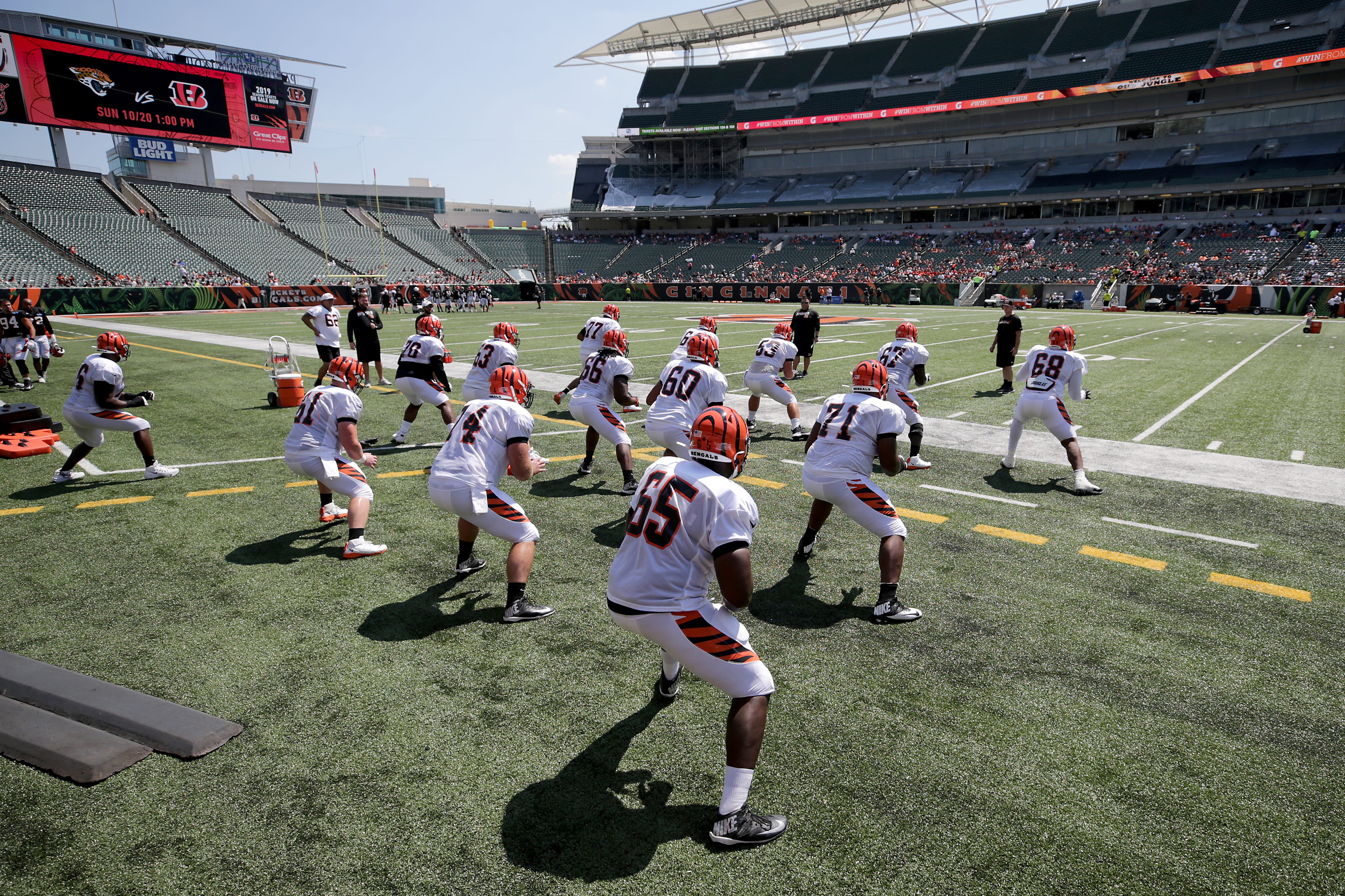 Cincinnati Bengals offensive line works out during Cincinnati Bengals training camp practice, Saturday, Aug. 3, 2019, at the practice fields next to Paul Brown Stadium in Cincinnati. Cincinnati Bengals Training Camp Aug 3