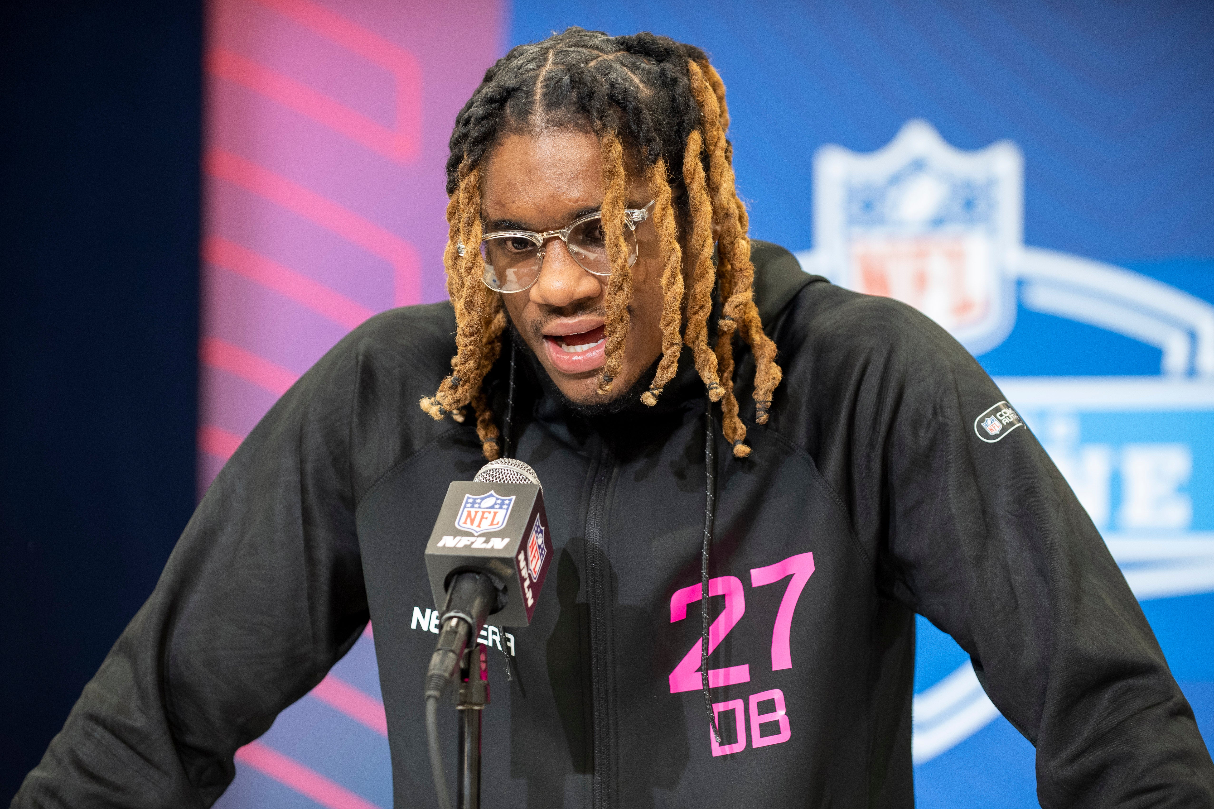 East Carolina defensive back Shavon Revel (DB27) during the 2025 NFL Combine at Lucas Oil Stadium