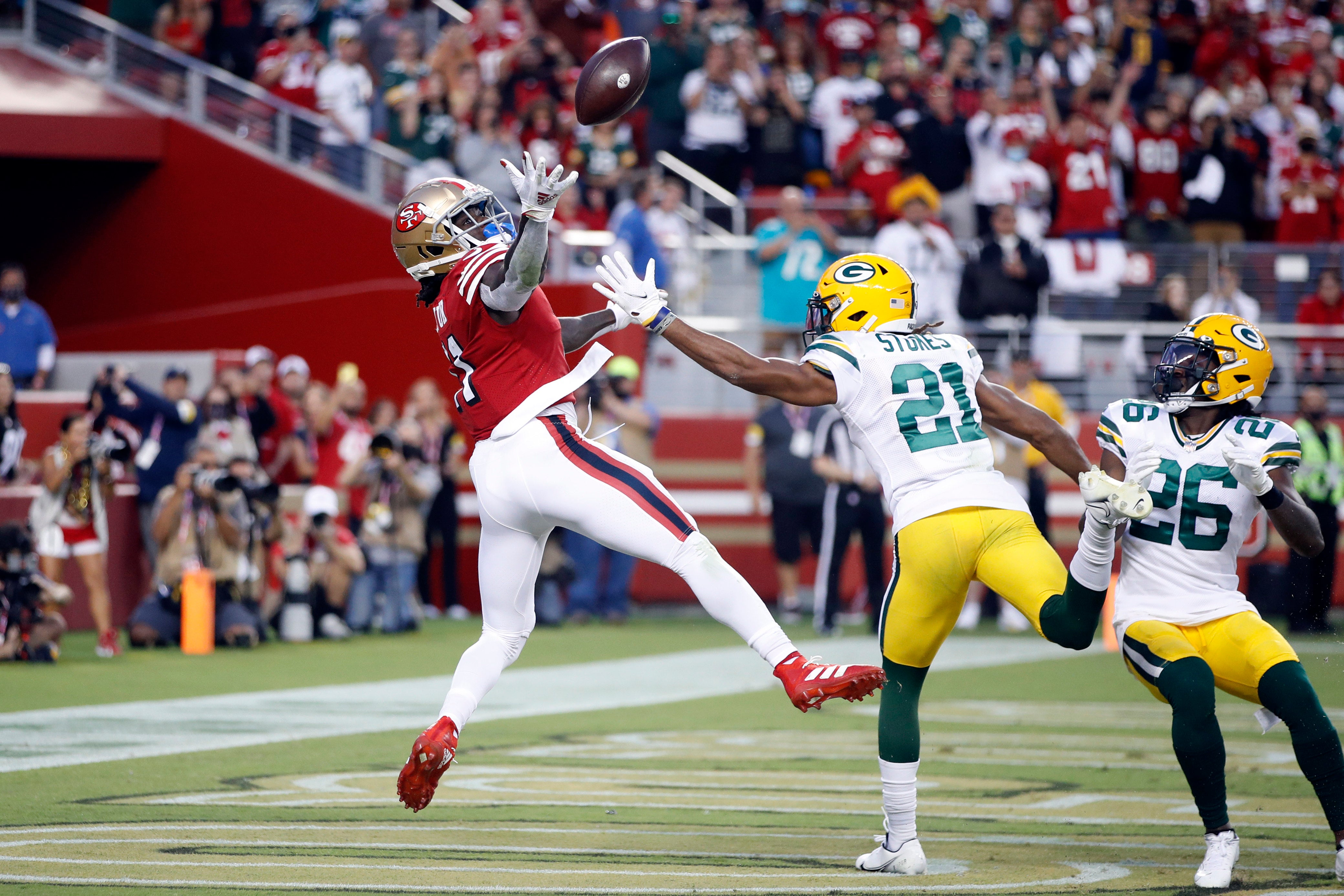 San Francisco 49ers wide receiver Brandon Aiyuk (11) fails to catch a pass while being defended by Green Bay Packers cornerback Eric Stokes (21) during the second quarter at Levi's Stadium.