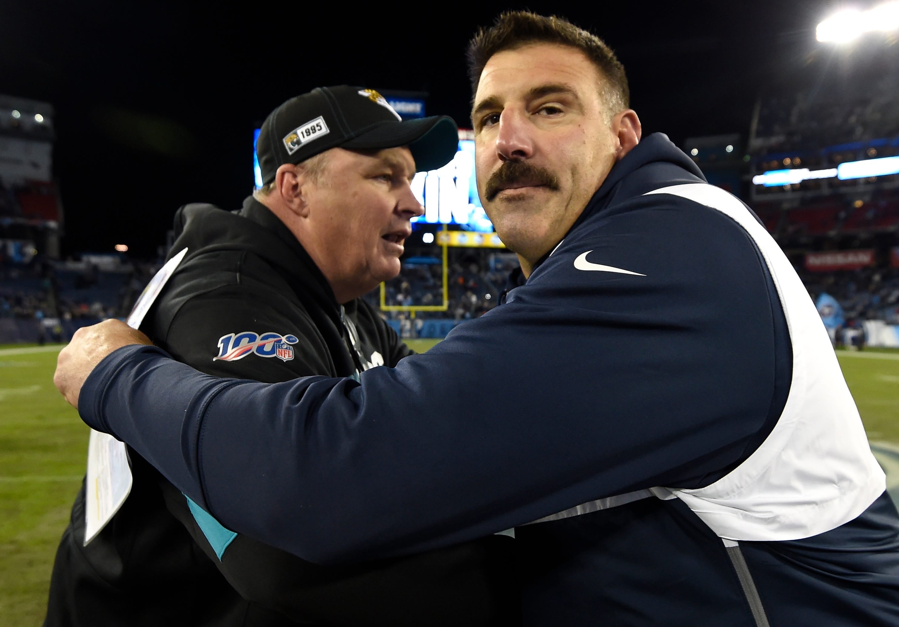 Tennessee Titans head coach Mike Vrabel shakes hands with Jacksonville Jaguars head coach Doug Marrone after the Titans 42-20 win at Nissan Stadium Sunday, Nov. 24, 2019 in Nashville, Tenn.