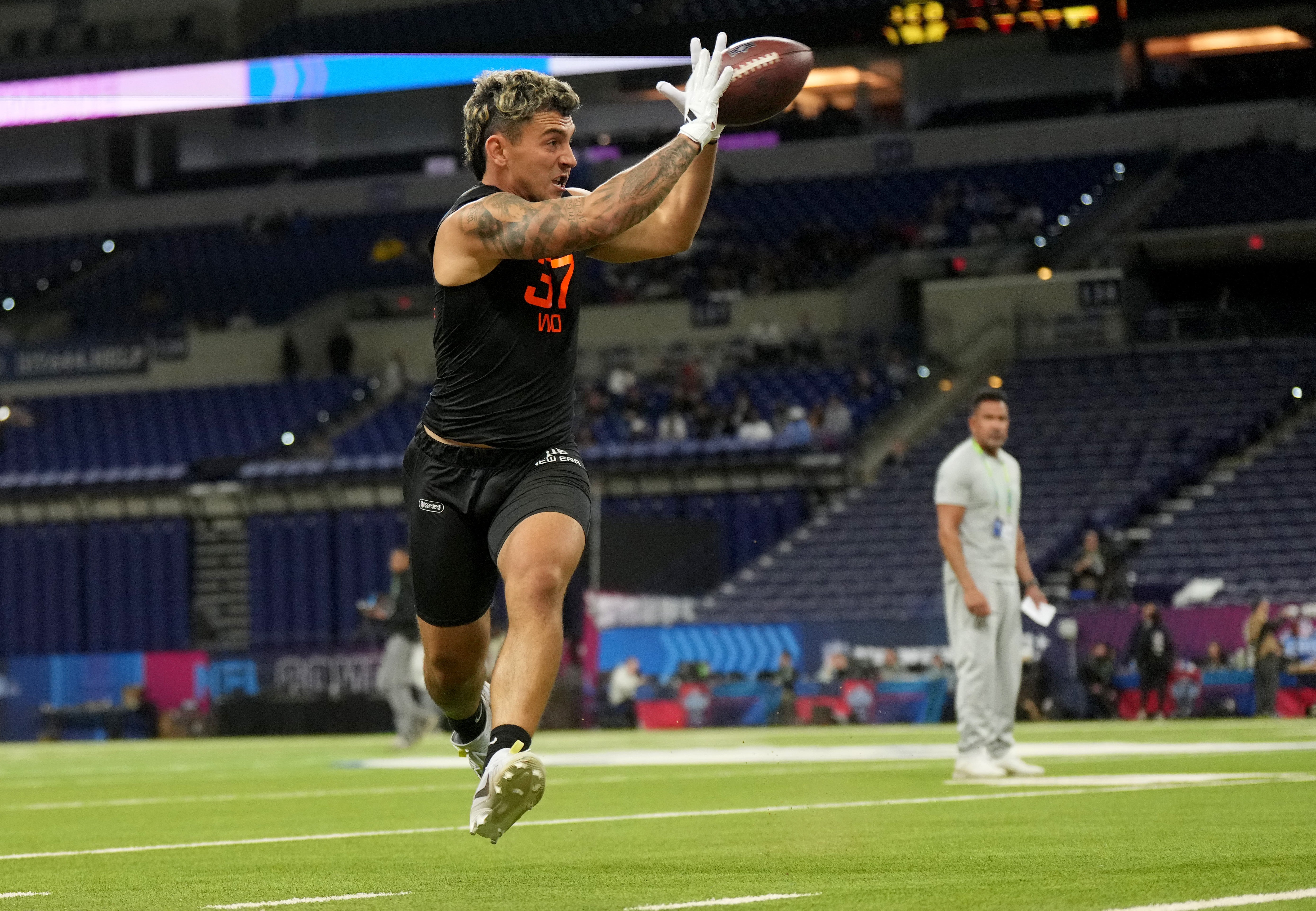 Mar 1, 2025; Indianapolis, IN, USA; Miami wideout Xavier Restrepo (WO37) during the 2025 NFL Combine at Lucas Oil Stadium.
