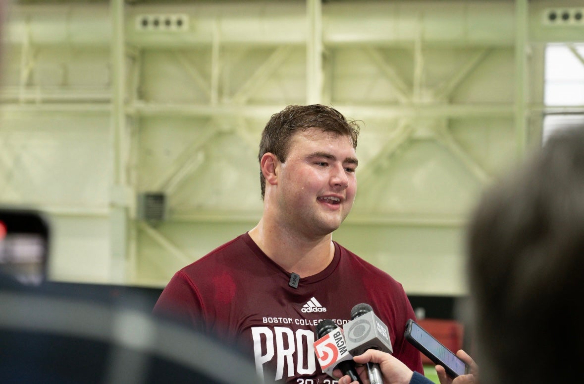 Boston College OT Ozzy Trapilo speaks on Monday, March 24, at Pro Day