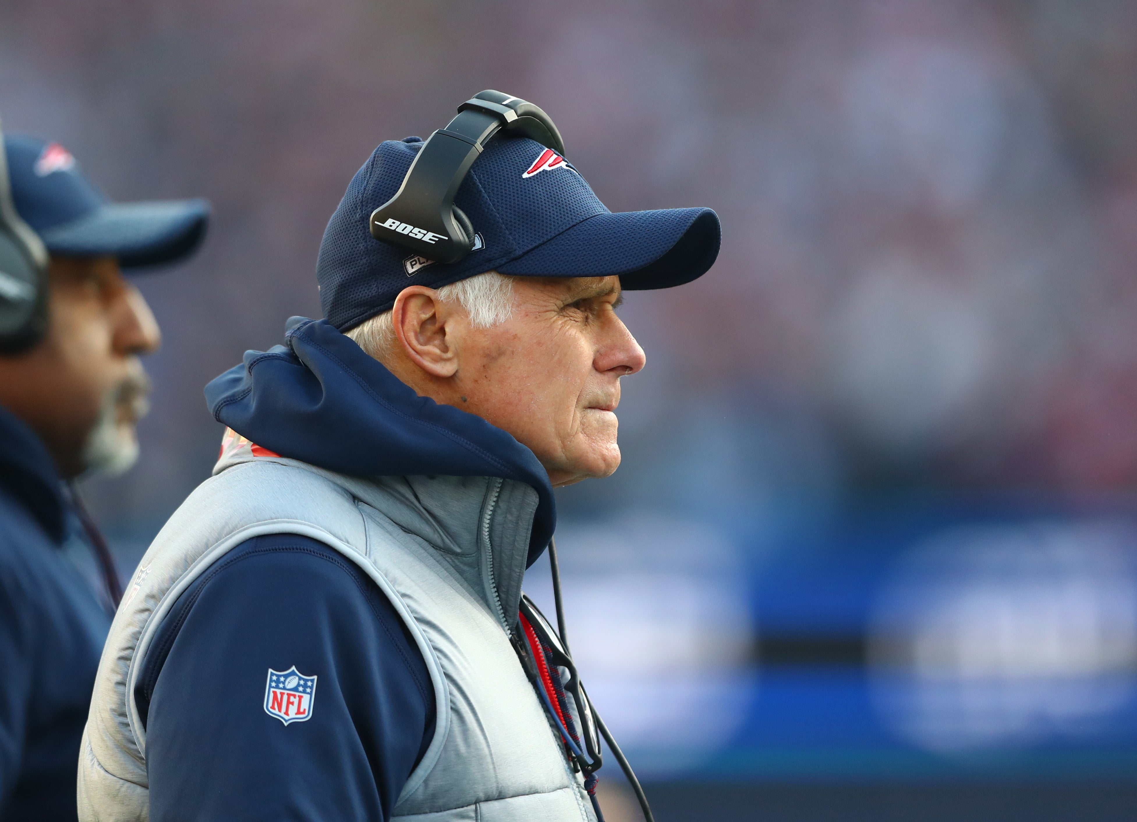Jan 21, 2018; Foxborough, MA, USA; New England Patriots offensive line coach Dante Scarnecchia against the Jacksonville Jaguars during the AFC Championship at Gillette Stadium.