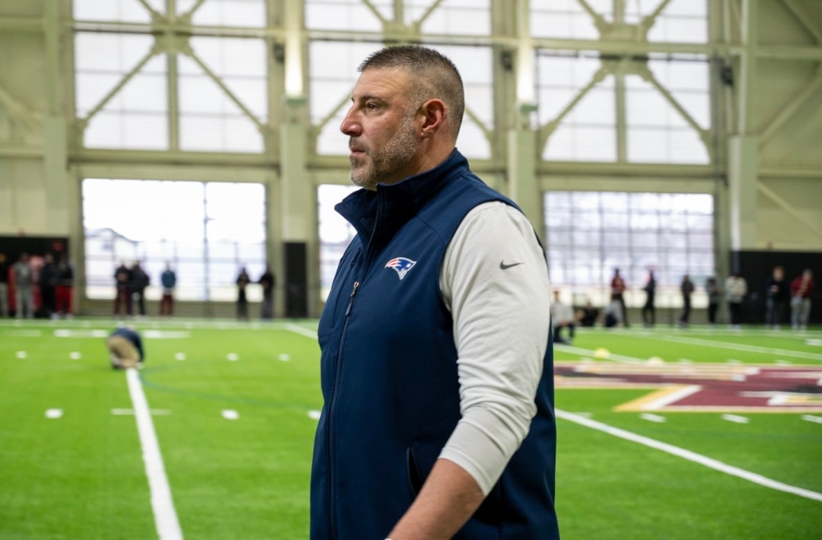 New England Patriots head coach Mike Vrabel at Boston College Pro Day on Monday, March 25