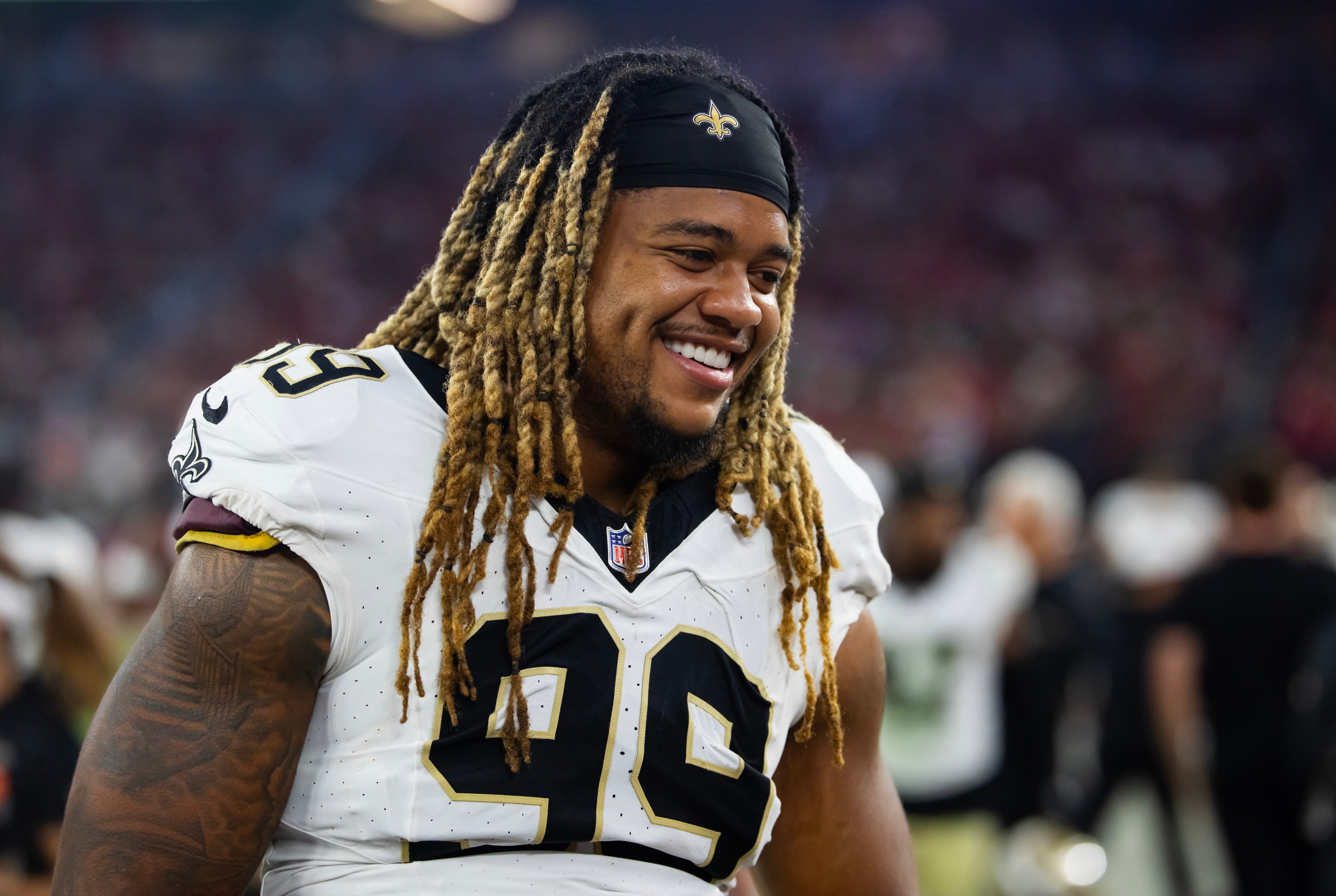 Aug 10, 2024; Glendale, Arizona, USA; New Orleans Saints defensive end Chase Young (99) against the Arizona Cardinals during a preseason NFL game at State Farm Stadium.