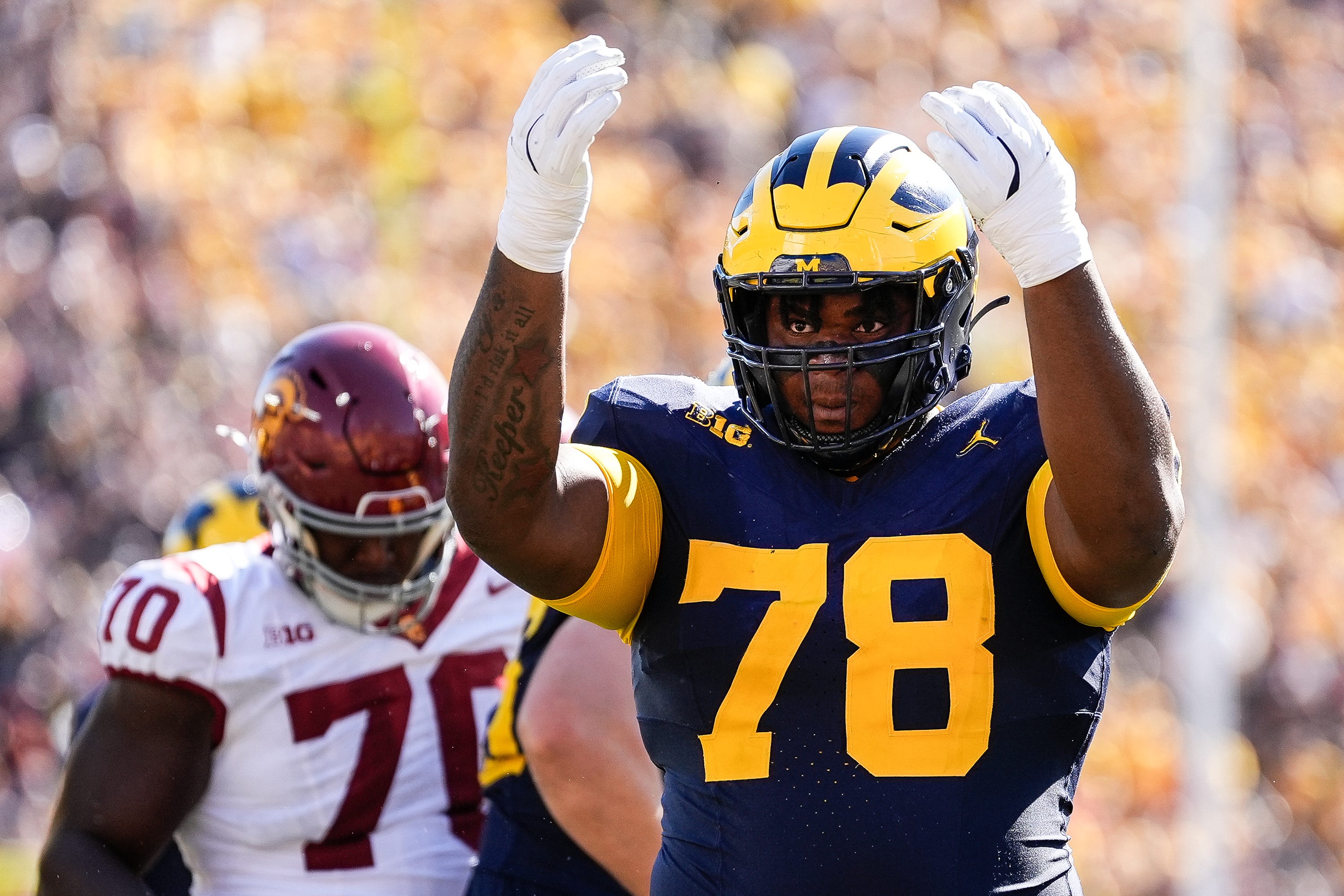 Michigan defensive lineman Kenneth Grant (78) celebrates a tackle against USC during the first half at Michigan Stadium in Ann Arbor on Saturday, Sept. 21, 2024