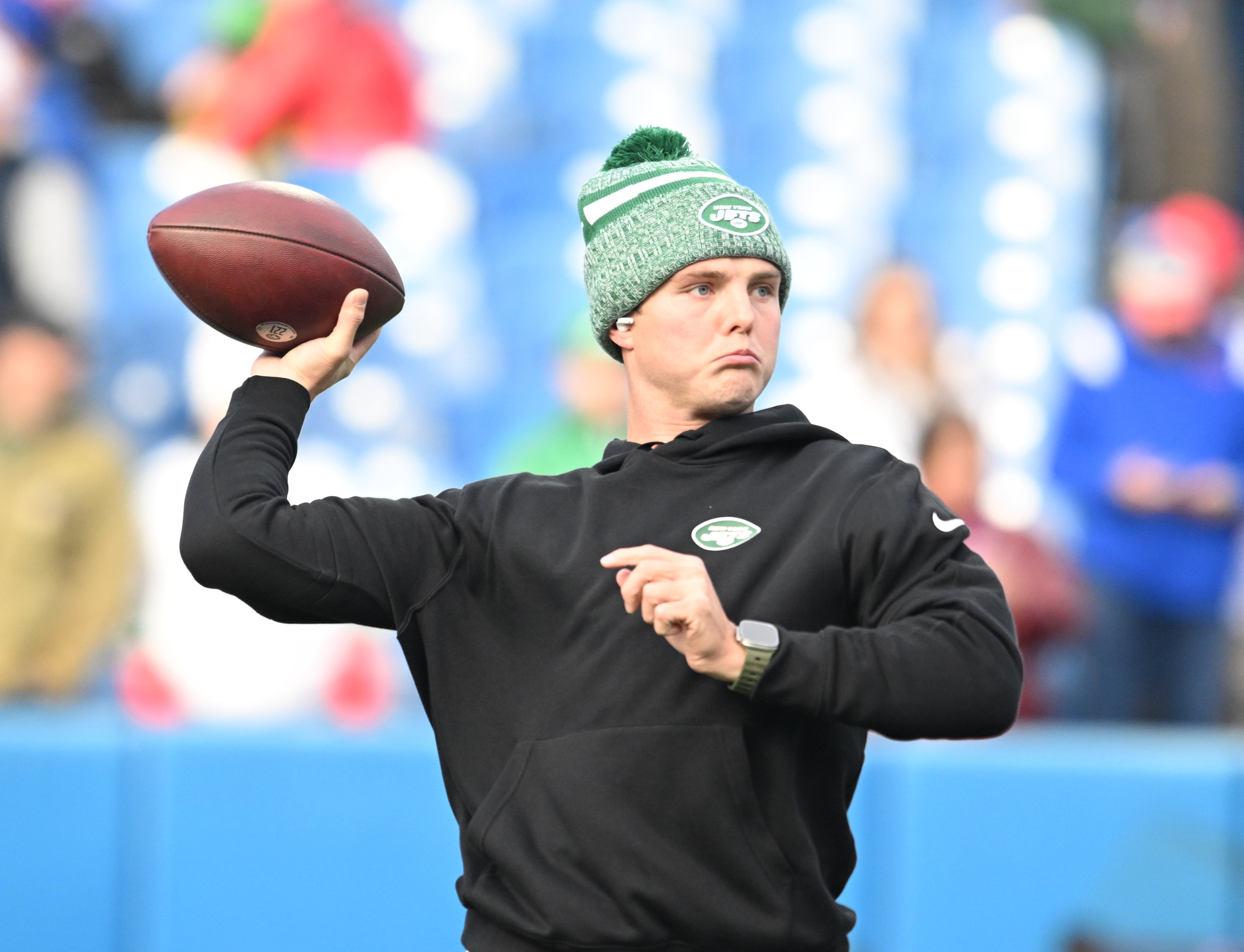 New York Jets quarter back Zach Wilson (2) warms up before a game against the Buffalo Bills at Highmark Stadium.