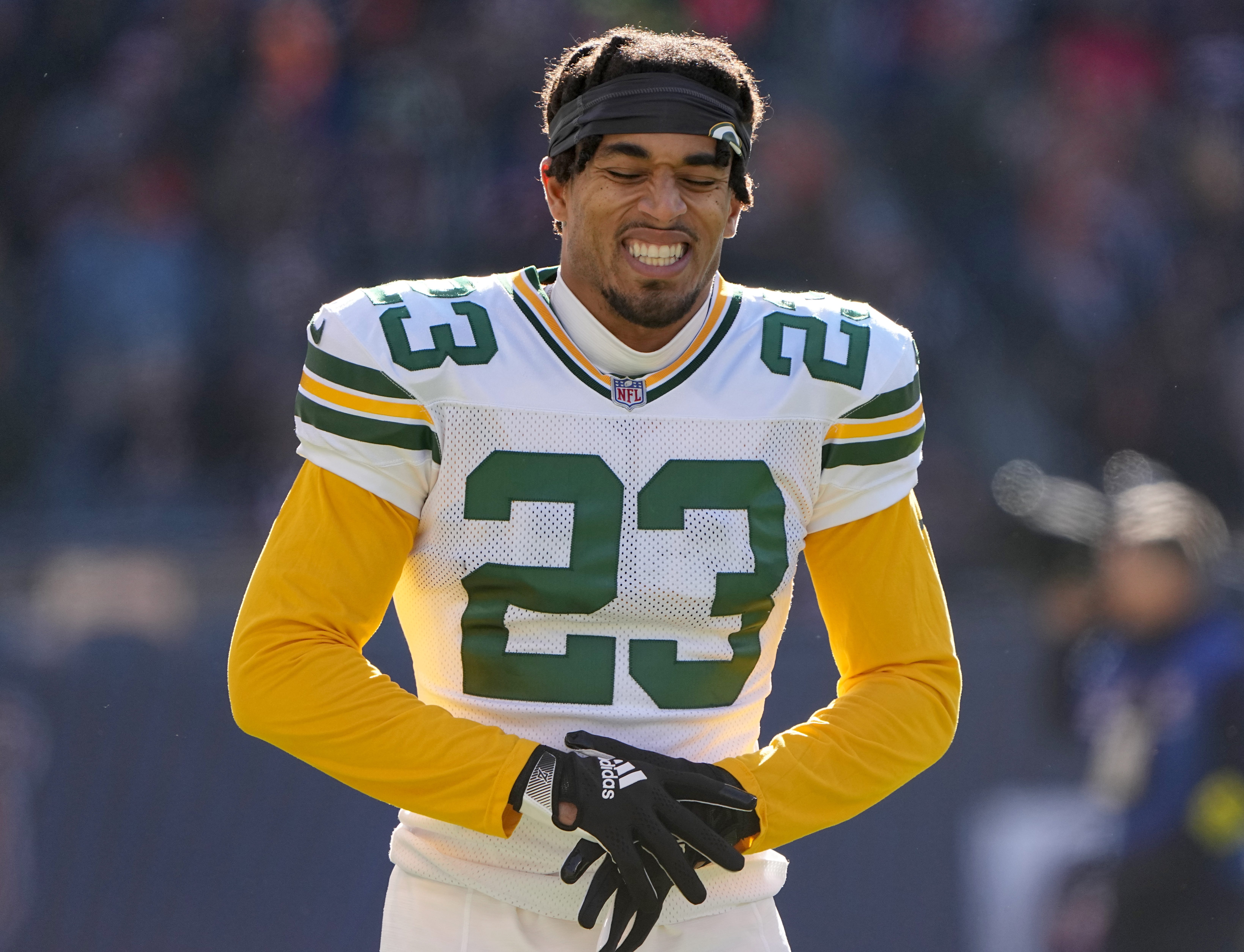 Green Bay Packers cornerback Jaire Alexander (23) is shown before their game against the Chicago Bears Sunday, December 4, 2022 at Soldier Field in Chicago