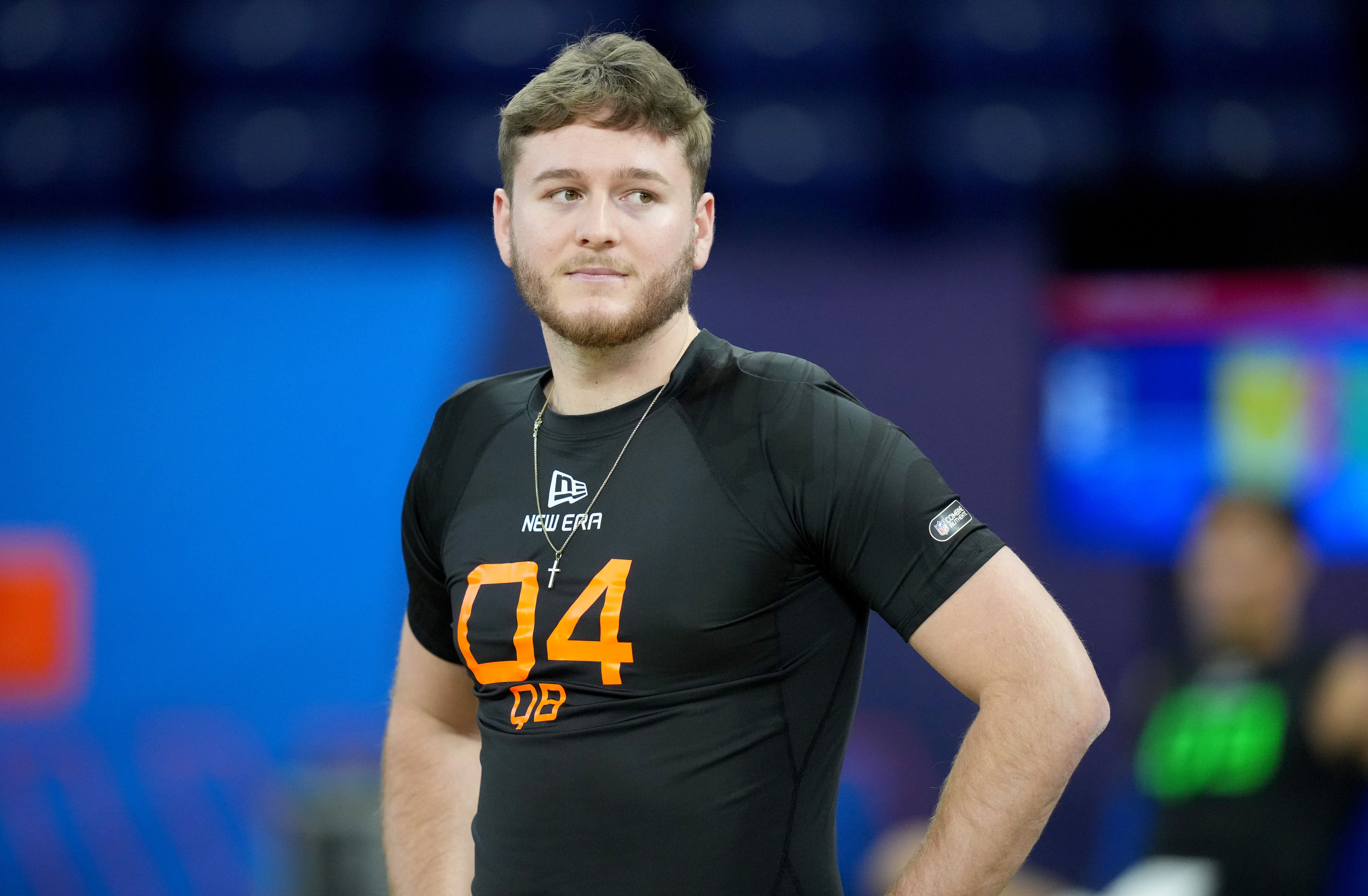 Mar 1, 2025; Indianapolis, IN, USA; Texas quarterback Quinn Ewers (QB04) during the 2025 NFL Combine at Lucas Oil Stadium.