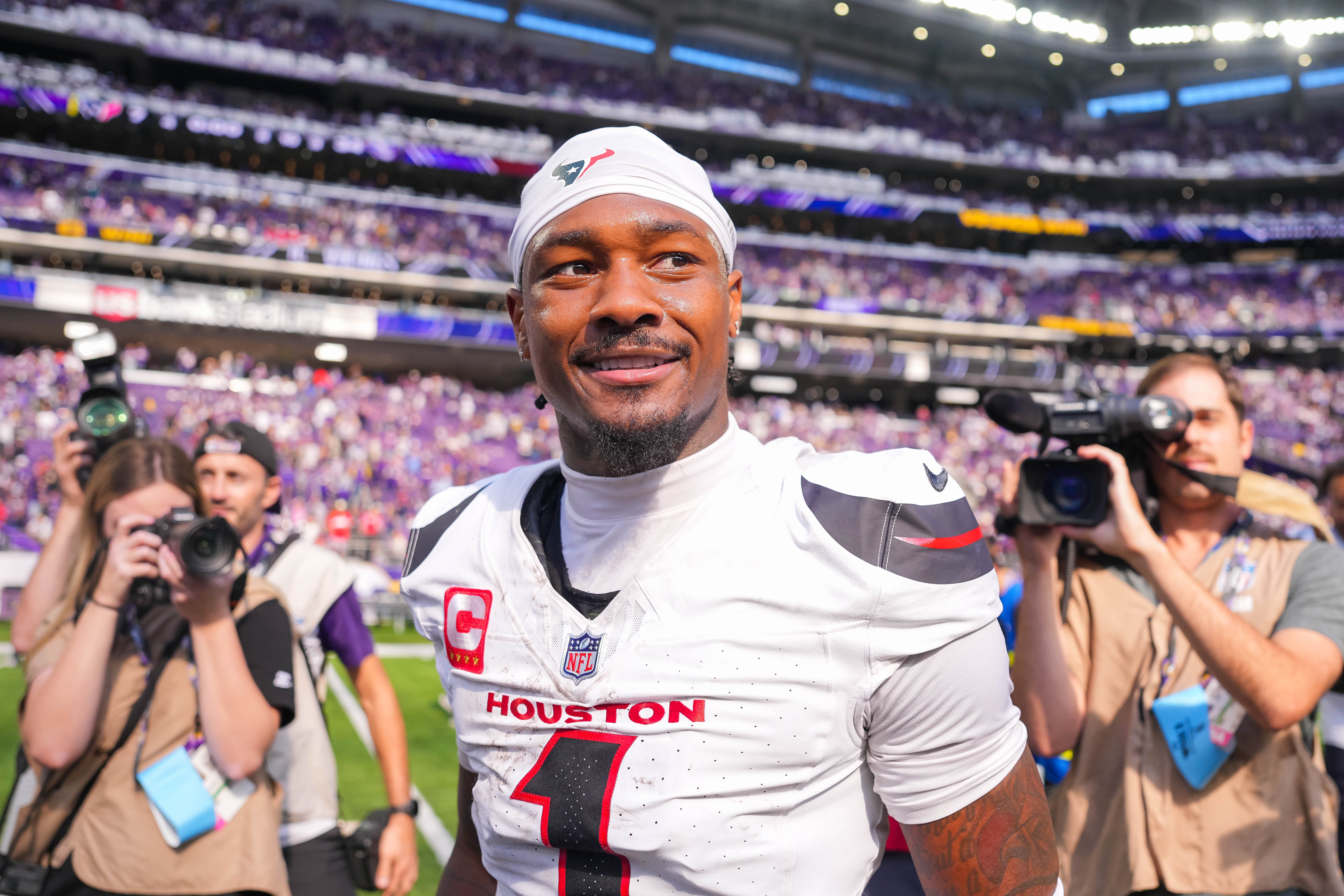 Sep 22, 2024; Minneapolis, Minnesota, USA; Houston Texans wide receiver Stefon Diggs (1) after the game against the Minnesota Vikings at U.S. Bank Stadium.