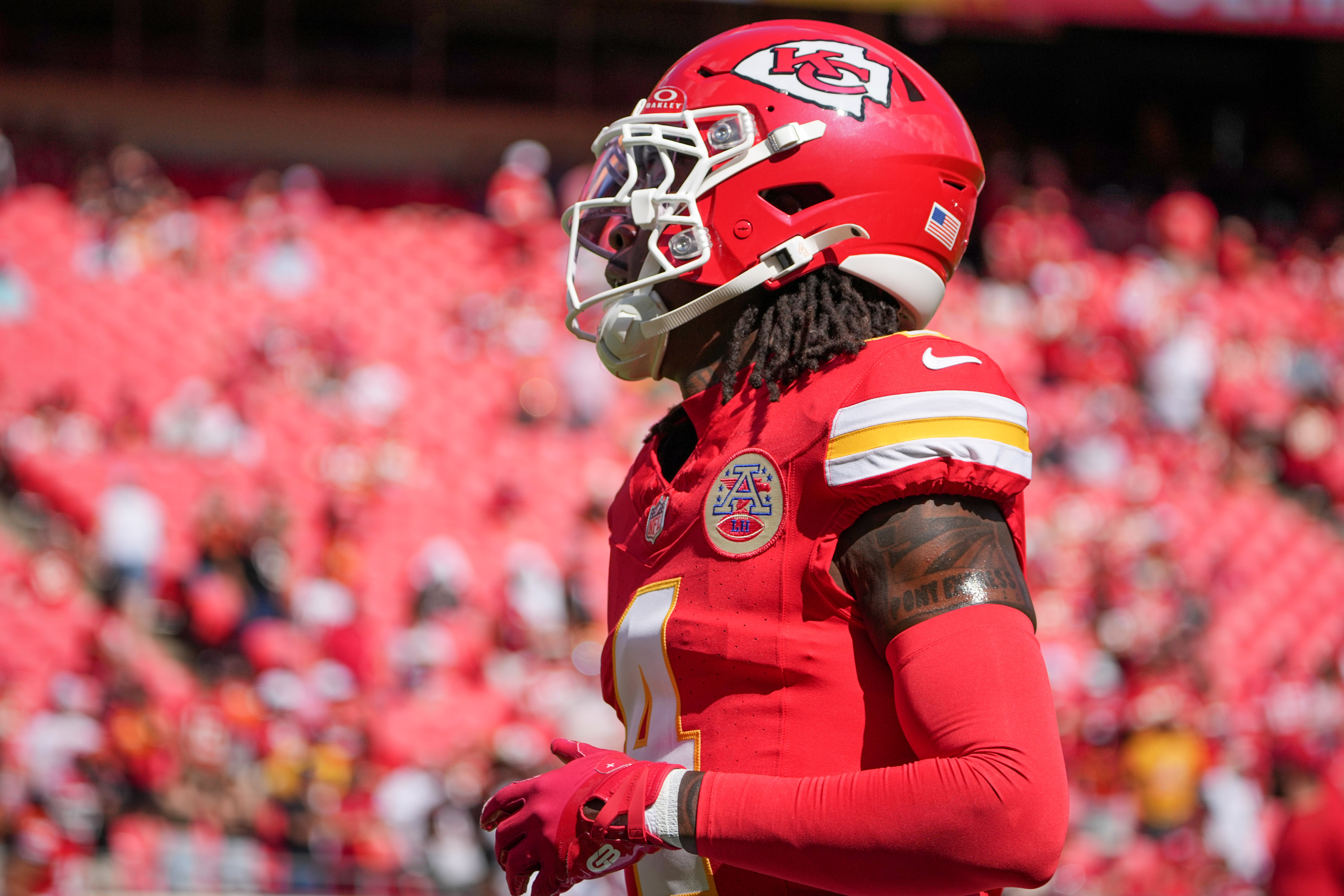 Kansas City Chiefs wide receiver Rashee Rice (4) warms up against the Cincinnati Bengals prior to a game at GEHA Field at Arrowhead Stadium.