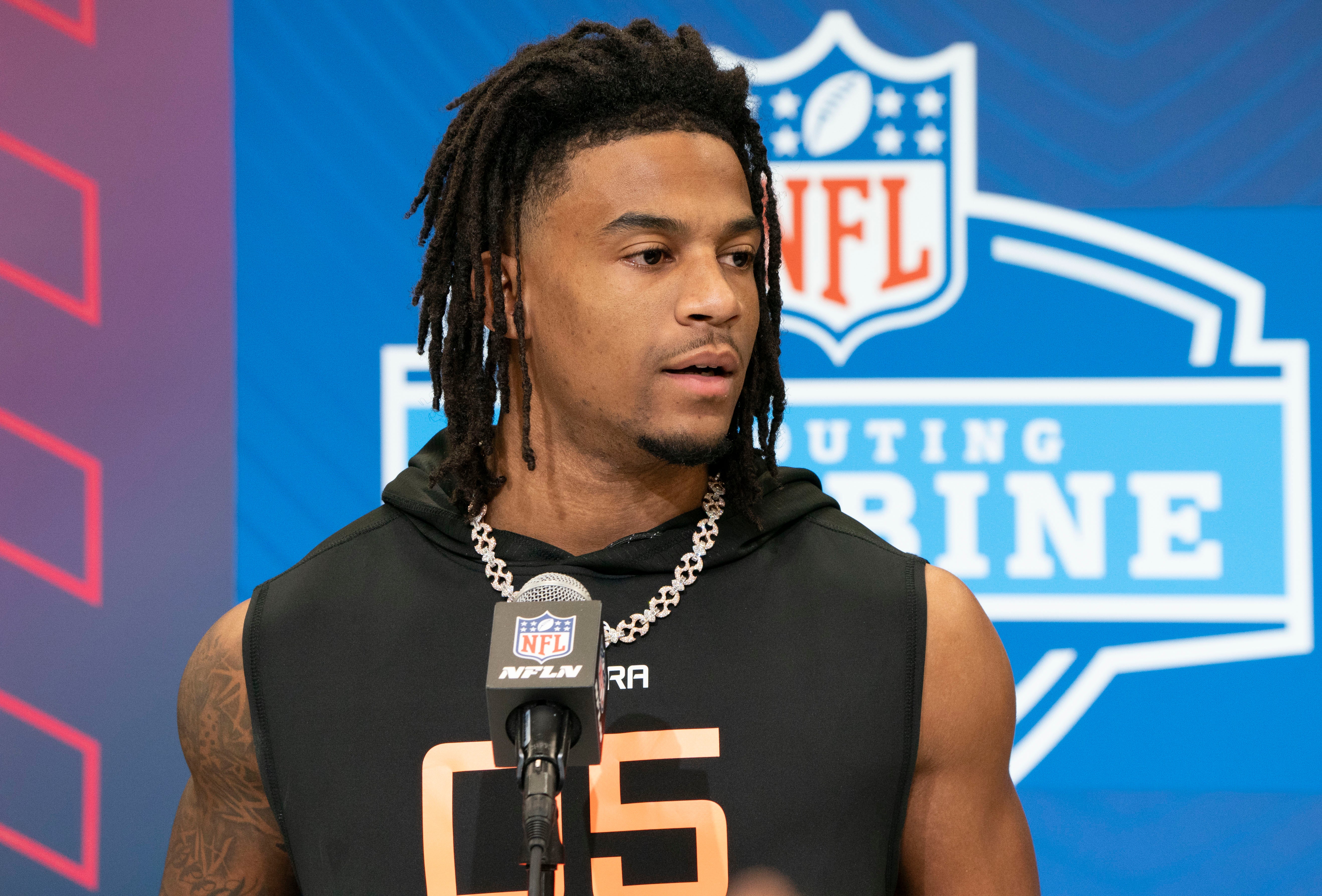 Feb 28, 2025; Indianapolis, IN, USA; Texas wideout Isaiah Bond (WO05) answers questions at a press conference during the 2025 NFL Combine at Indiana Convention Center.