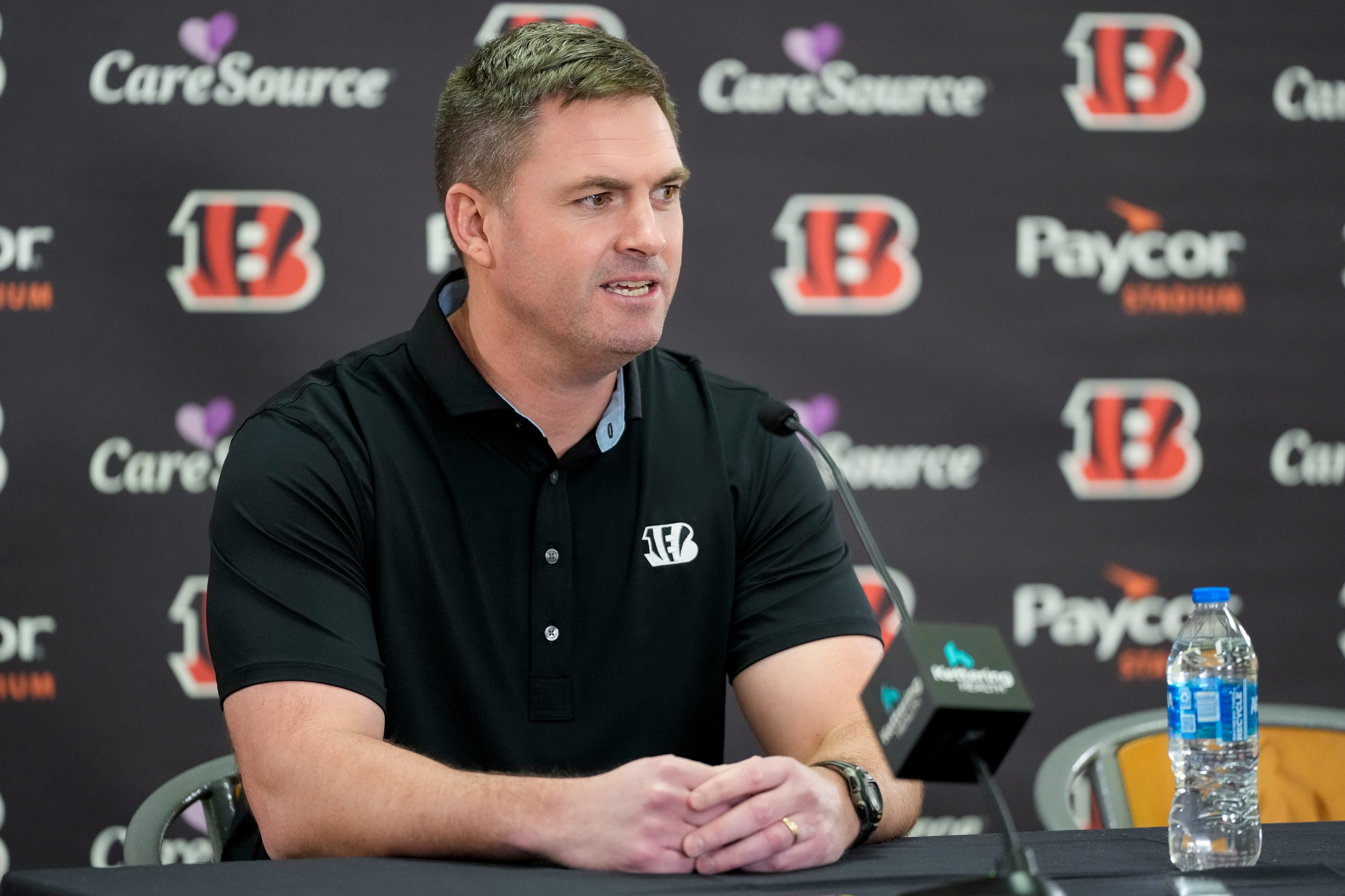 Cincinnati Bengals head coach Zac Taylor speaks during a press conference to announce the signing of new contracts for Cincinnati Bengals wide receivers Ja’Marr Chase and Tee Higgins at Paycor Stadium in downtown Cincinnati on Tuesday, March 18, 2025. Chase becomes the new highest-paid non-quarterback player in the NFL.