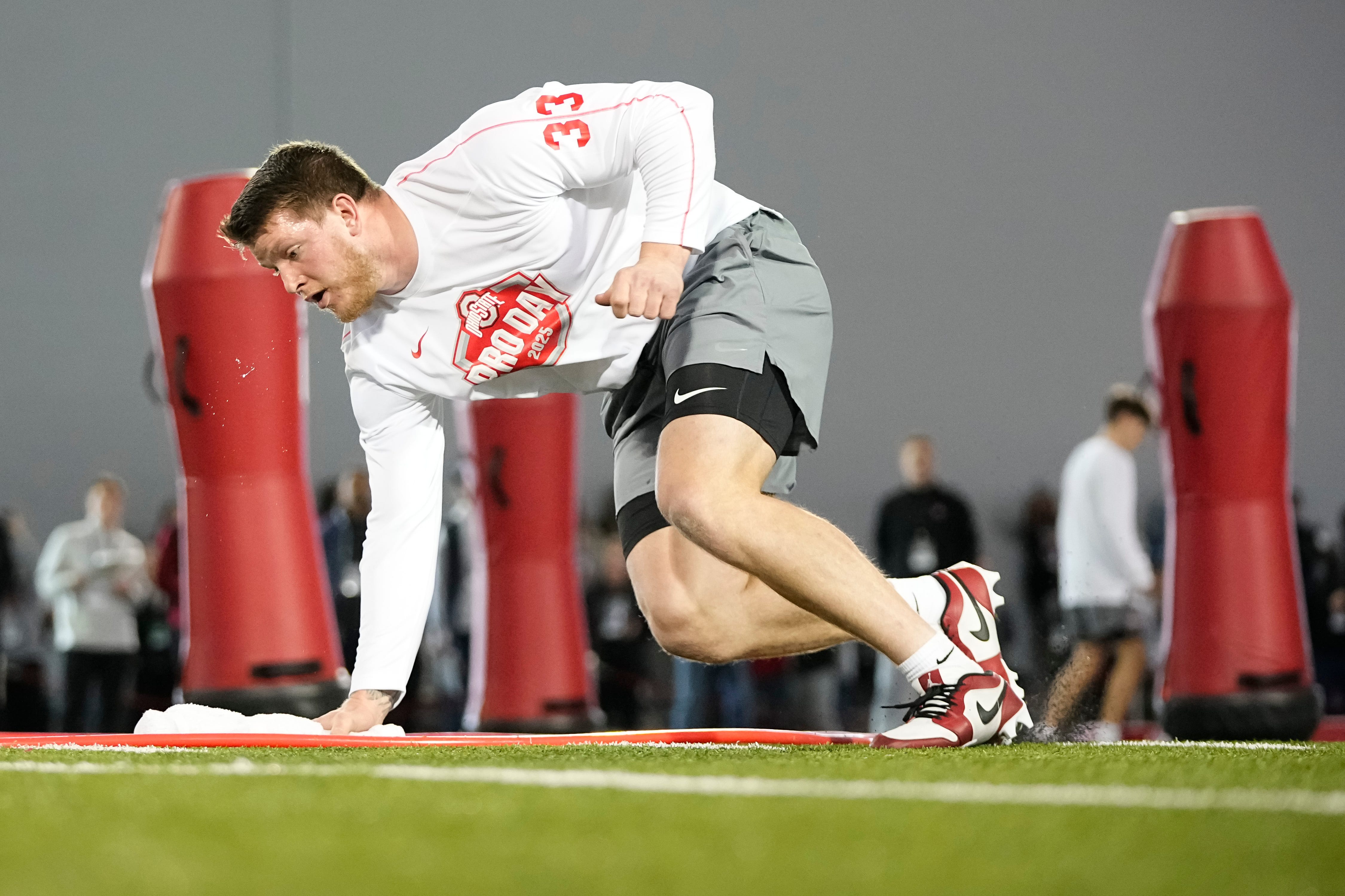 Ohio State Buckeyes defensive end Jack Sawyer works out during the pro day for NFL scouts at the Woody Hayes Athletic Cente on March 26, 2025.