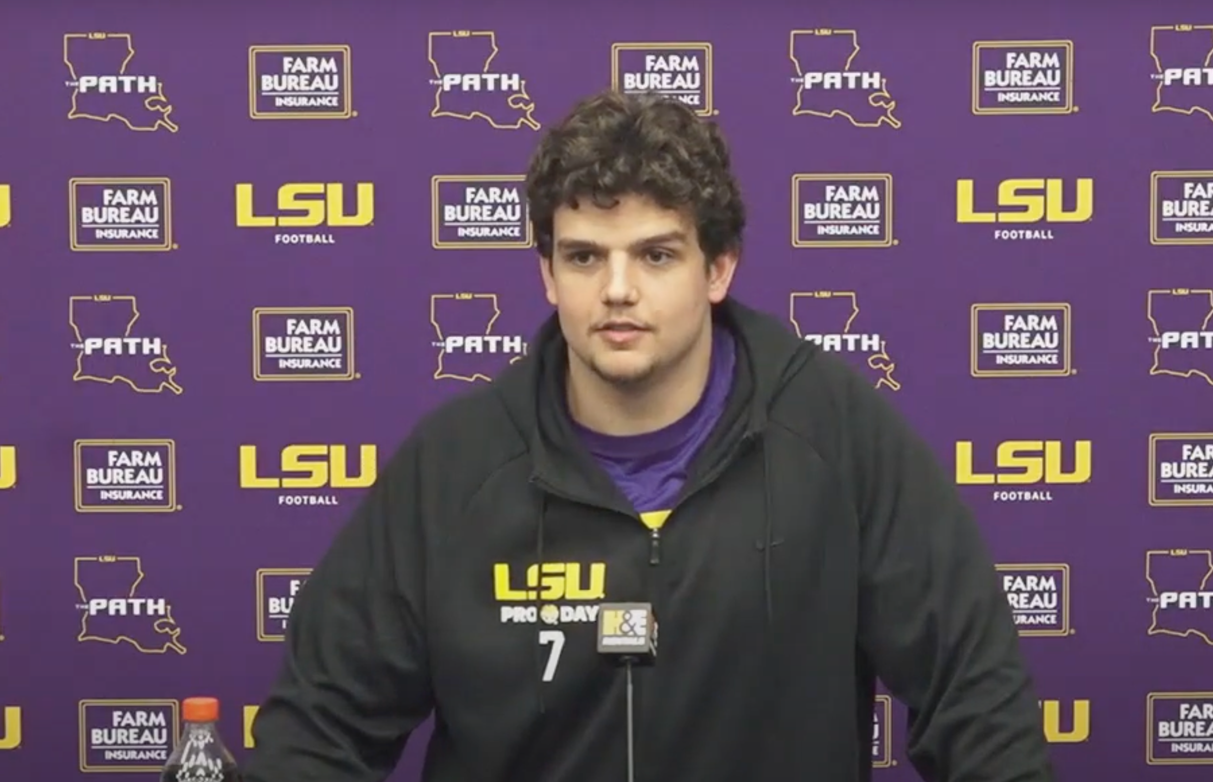 Will Campbell speaking with the media during LSU Tigers 2025 Pro Day