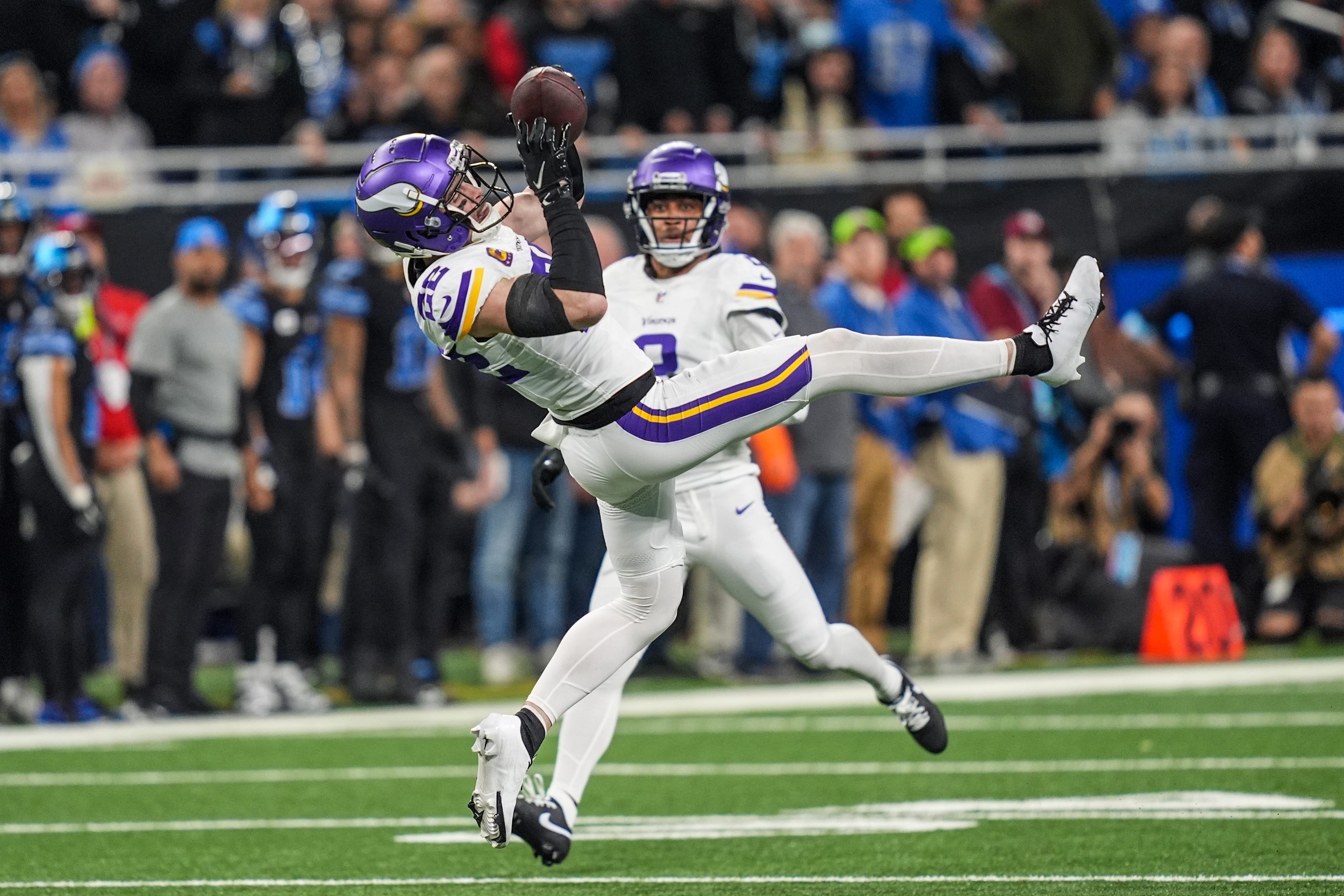Minnesota Vikings safety Harrison Smith (22) intercepts Detroit Lions quarterback Jared Goff’s pass, during the second half at Ford Field in Detroit on Sunday, Jan. 5, 2025.