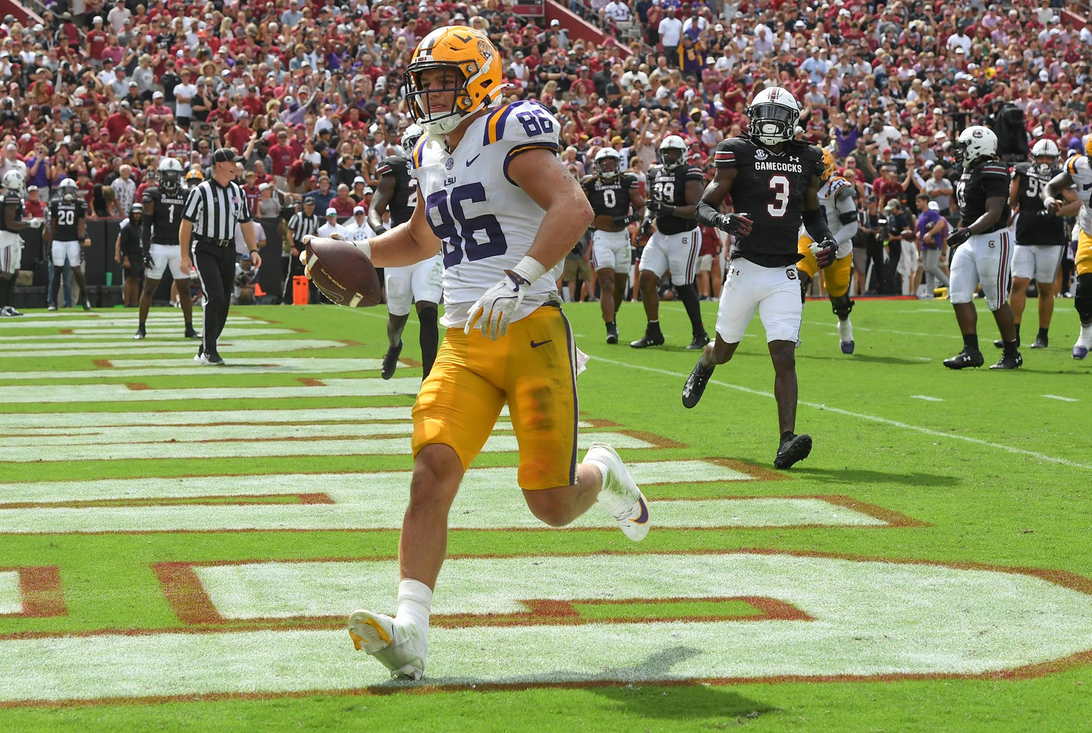 Mason Taylor, TE LSU scores a touchdown for the Tigers against South Carolina