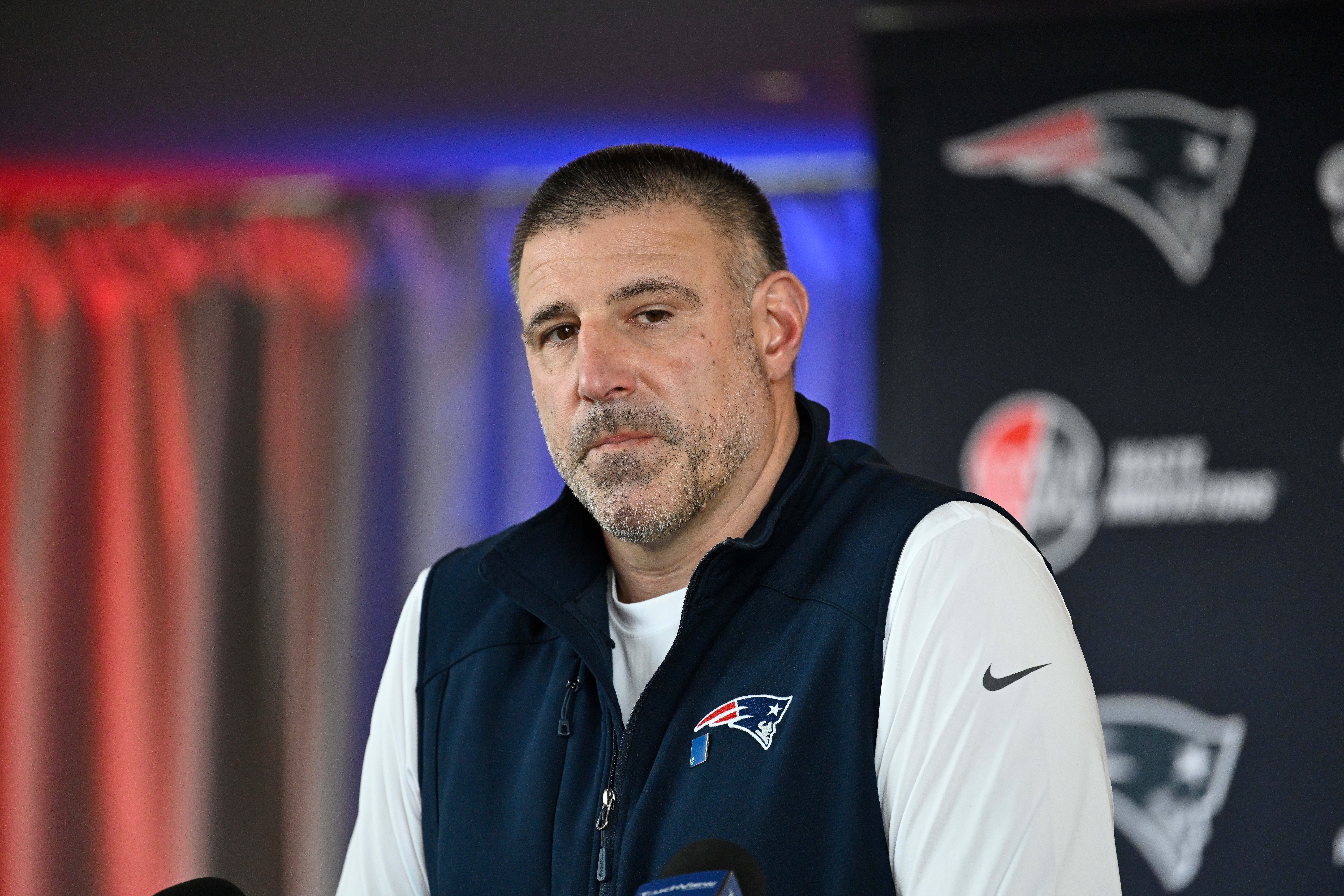 Mar 13, 2025; Foxborough, MA, USA; New England Patriots head coach Mike Vrabel discusses the teamís recent free agent additions with the media at Gillette Stadium. Mandatory Credit: Eric Canha-Imagn Images