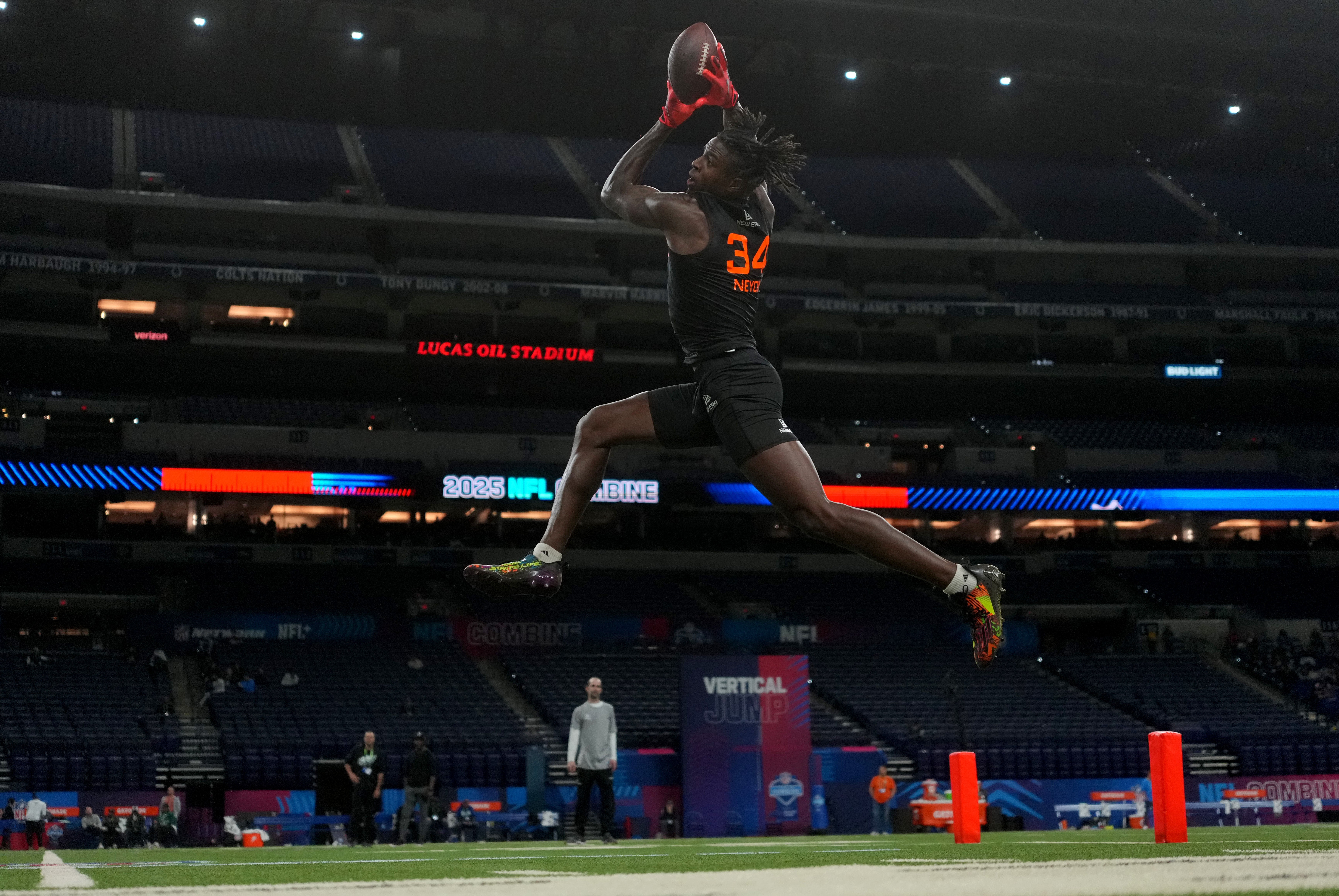 Mar 1, 2025; Indianapolis, IN, USA; Nebraska wideout Isaiah Neyor (WO34) during the 2025 NFL Combine at Lucas Oil Stadium.