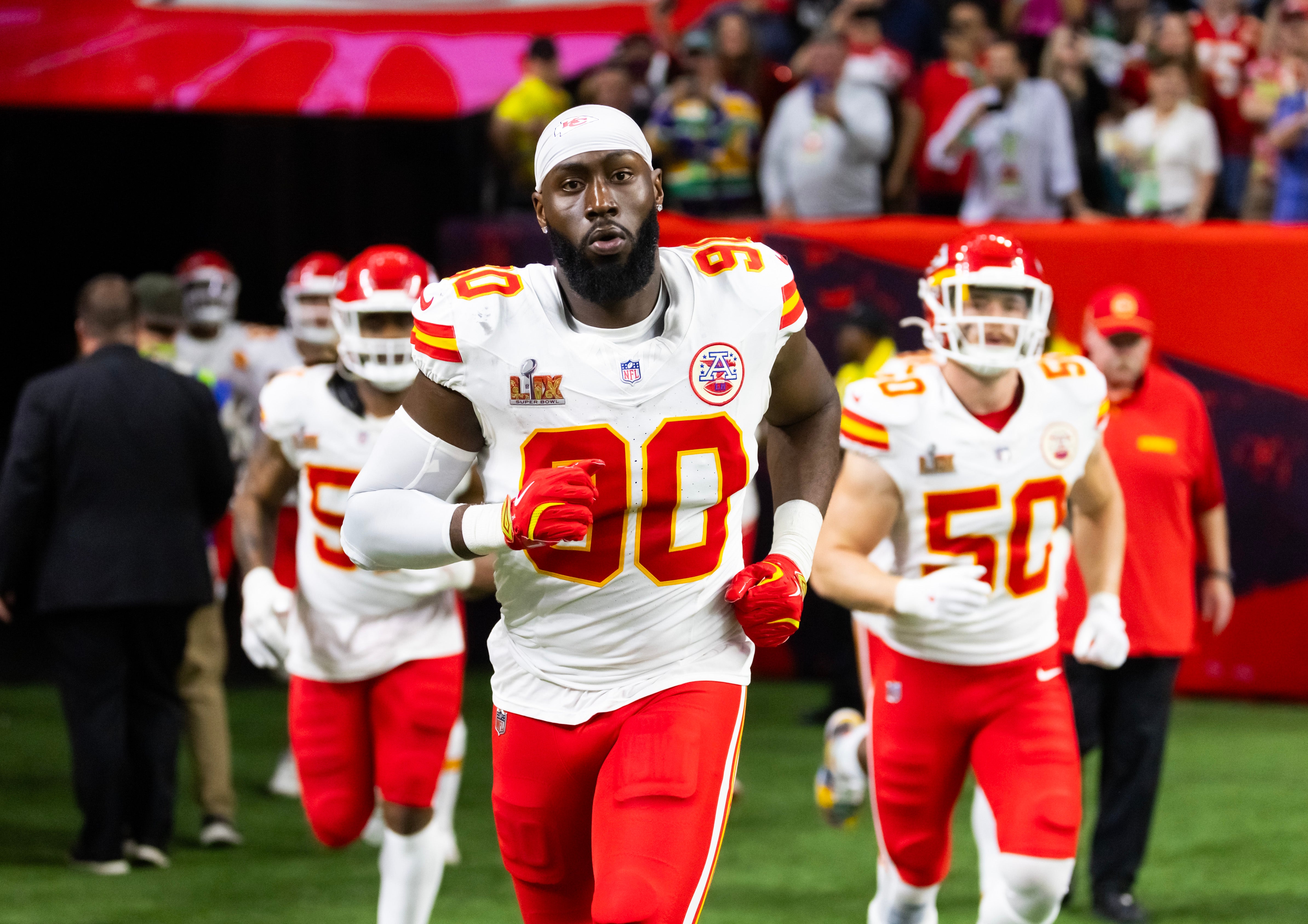 Feb 9, 2025; New Orleans, LA, USA; Kansas City Chiefs defensive end Charles Omenihu (90) against the Philadelphia Eagles in Super Bowl LIX at Ceasars Superdome.