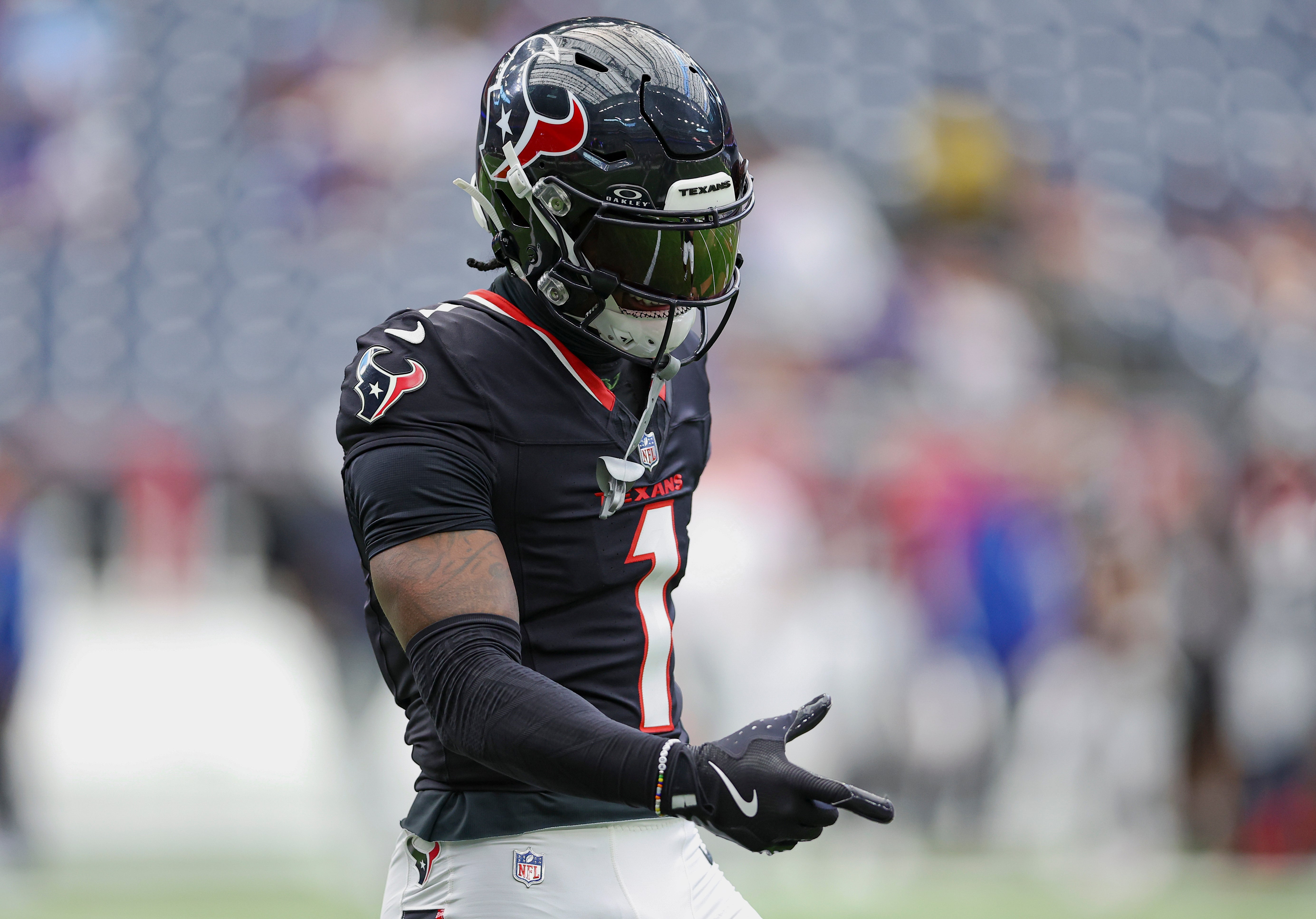Aug 17, 2024; Houston, Texas, USA; Houston Texans wide receiver Stefon Diggs (1) before the game against the New York Giants at NRG Stadium.