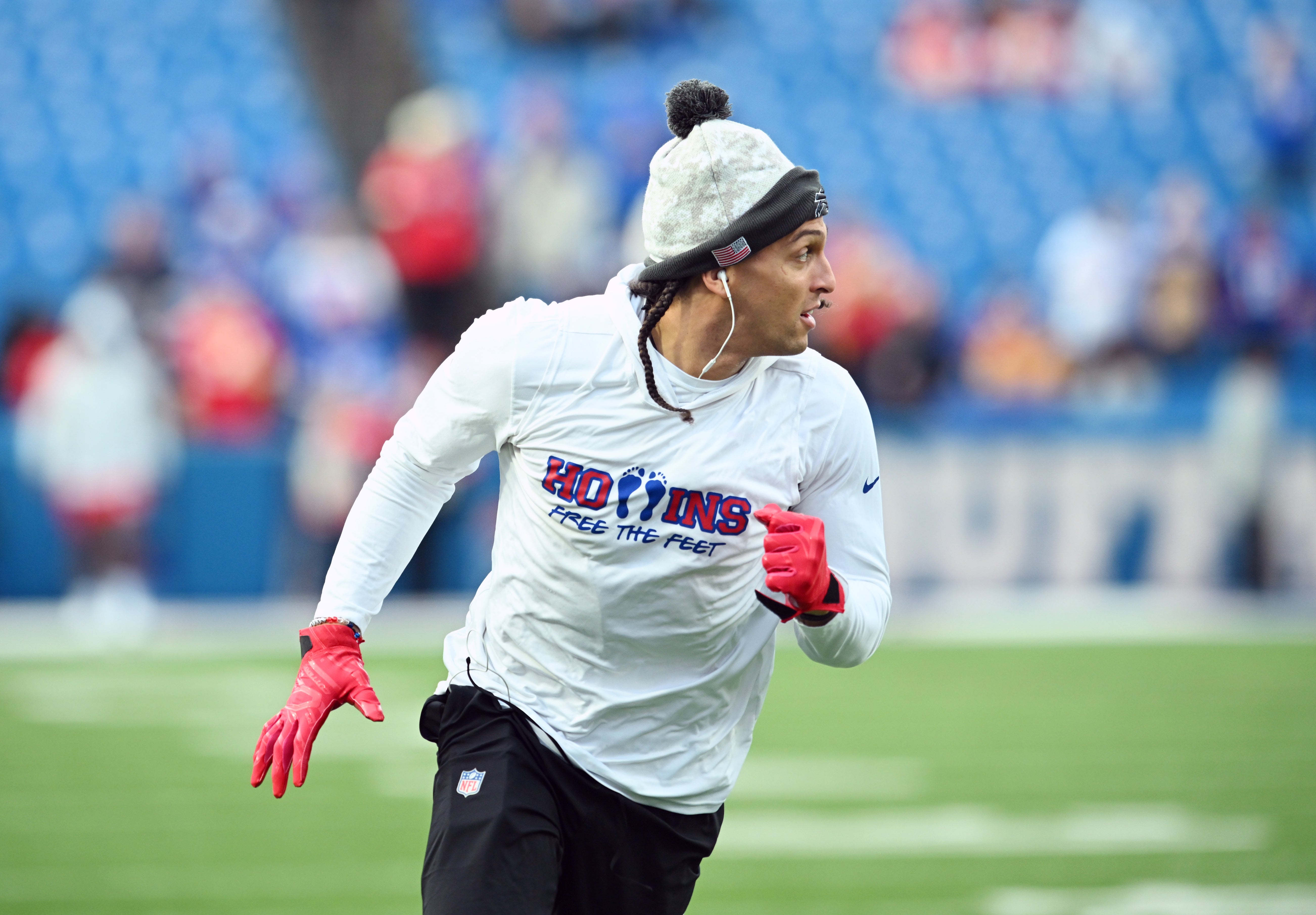 Nov 17, 2024; Orchard Park, New York, USA; Buffalo Bills wide receiver Mack Hollins (13) warms up before a game against the Kansas City Chiefs at Highmark Stadium.