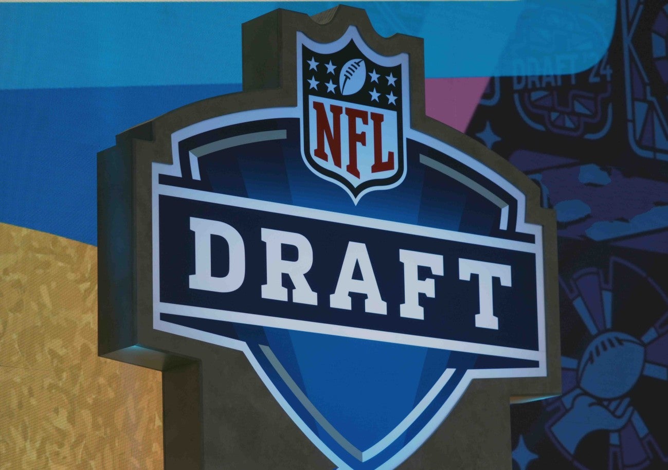 Apr 25, 2024; Detroit, MI, USA; The 2024 NFL Draft logo on the Draft Theater stage at Campus Martius Park and Hart Plaza. Mandatory Credit: Kirby Lee-Imagn Images