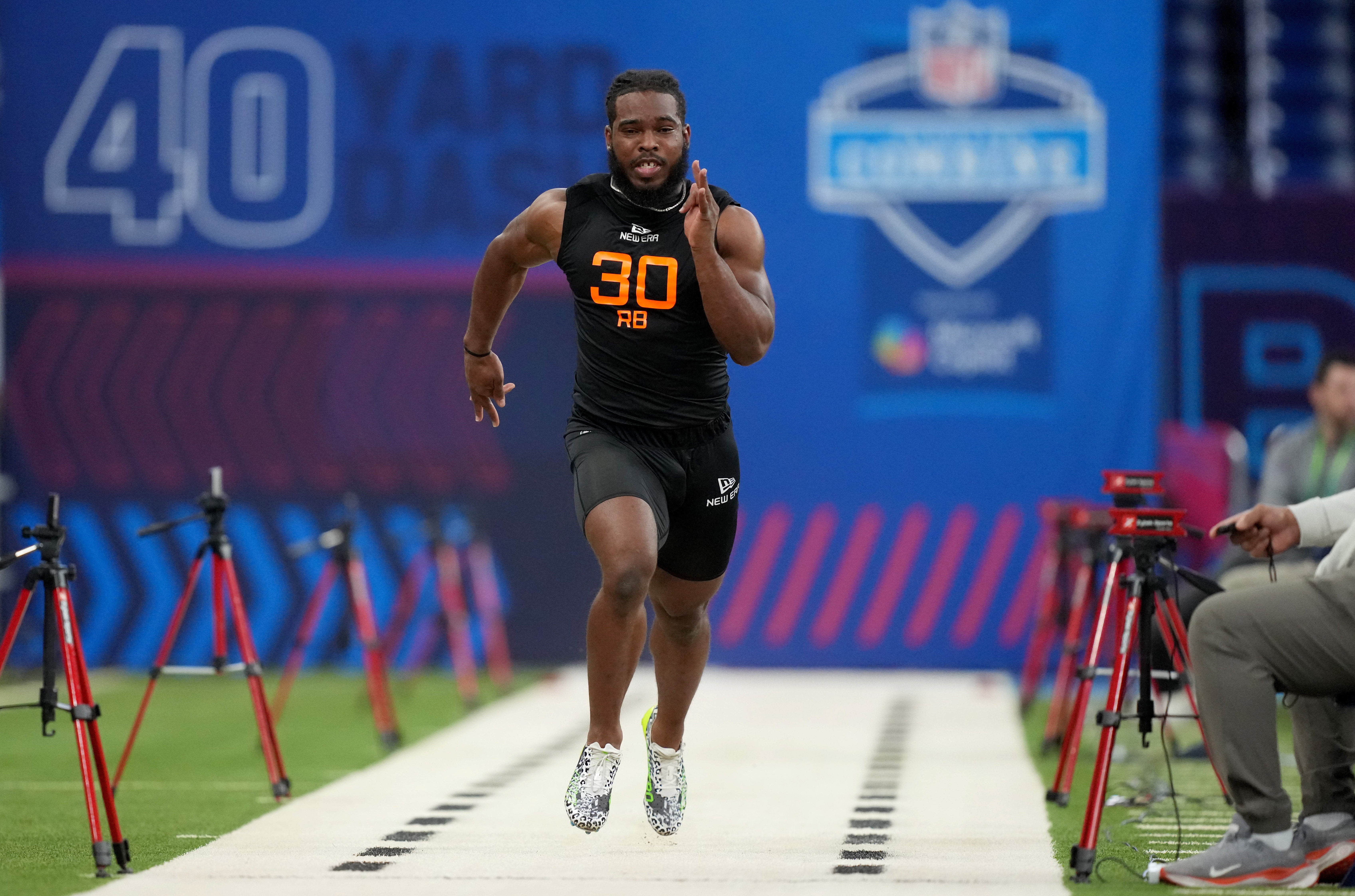 Mar 1, 2025; Indianapolis, IN, USA; Virginia Tech running back Bhayshul Tuten (RB30) during the 2025 NFL Combine at Lucas Oil Stadium.