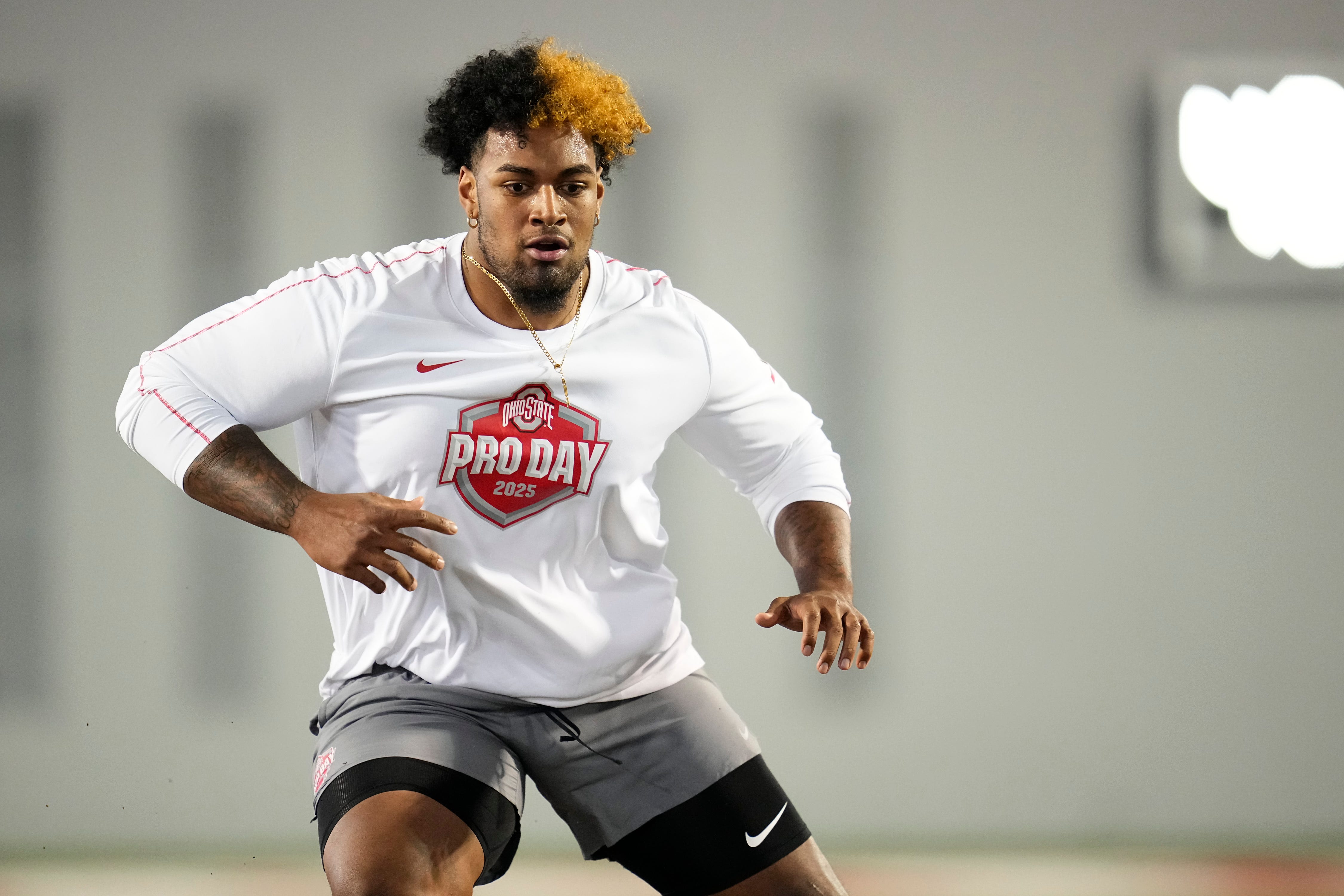 Ohio State Buckeyes offensive lineman Josh Simmons works out during the pro day for NFL scouts at the Woody Hayes Athletic Center on March 26, 2025.