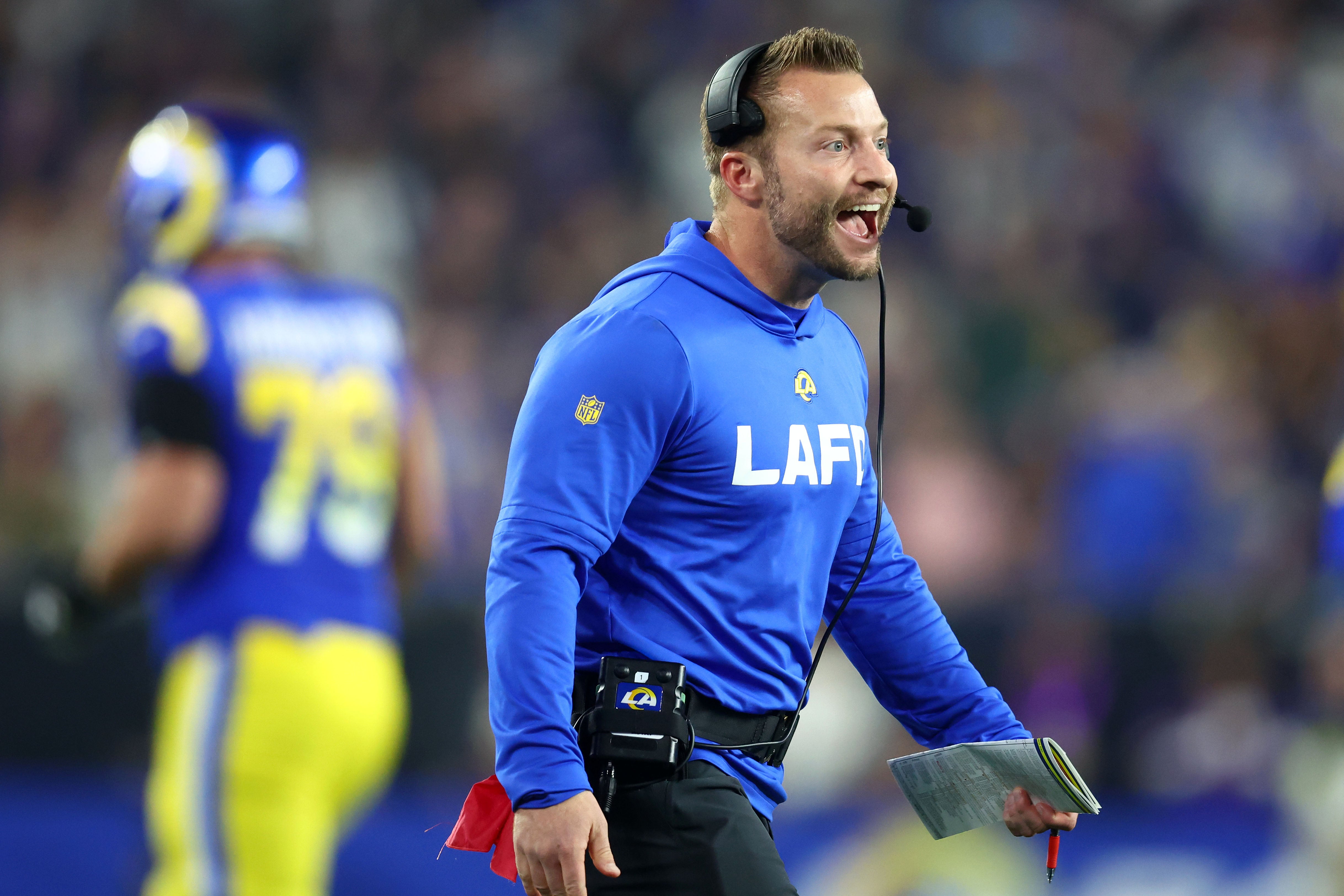 Jan 13, 2025; Glendale, AZ, USA; Los Angeles Rams head coach Sean McVay reacts against the Minnesota Vikings during the first half in an NFC wild card game at State Farm Stadium.