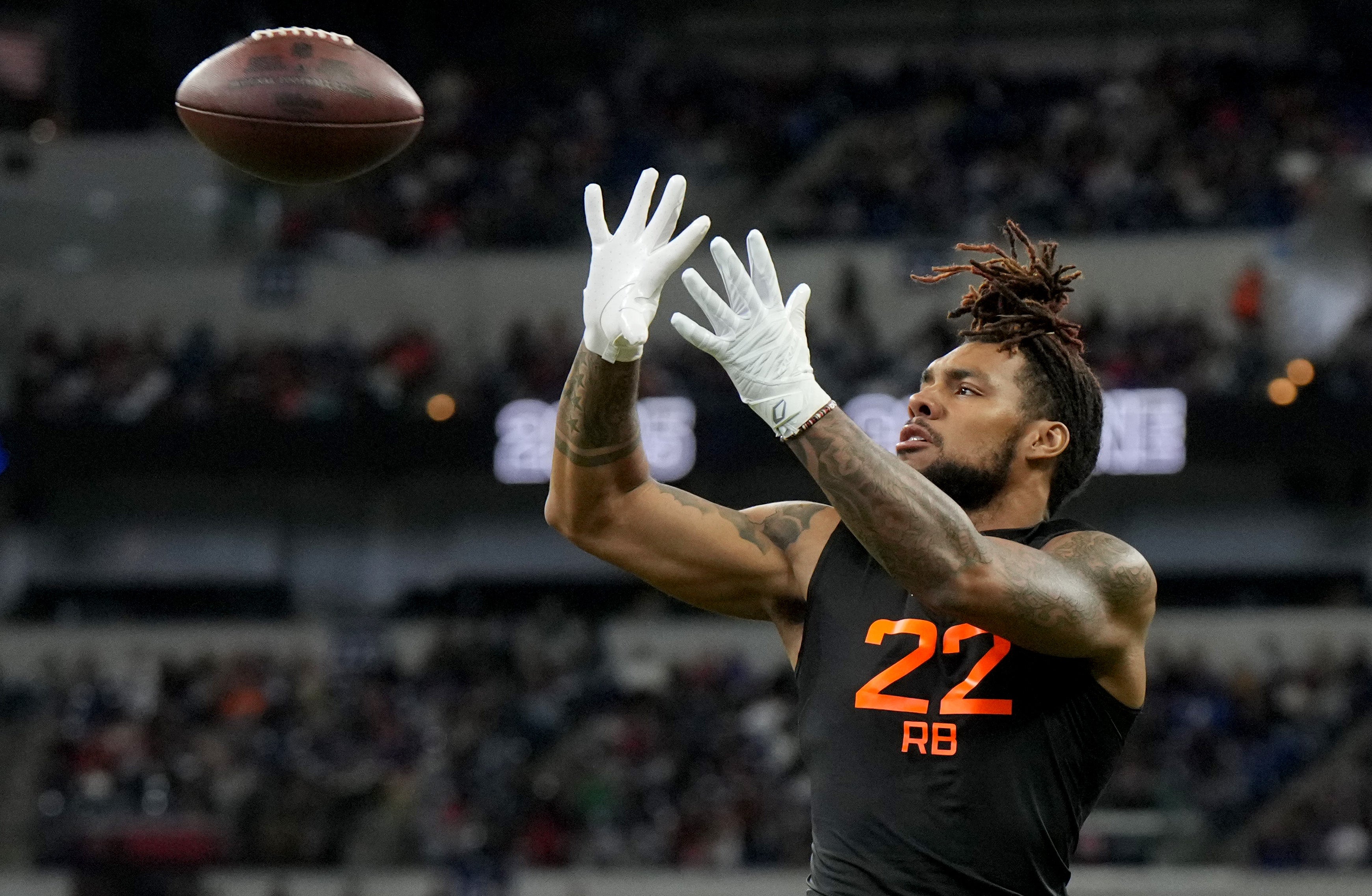 Mar 1, 2025; Indianapolis, IN, USA; Miami running back Damien Martinez (RB22) during the 2025 NFL Combine at Lucas Oil Stadium.