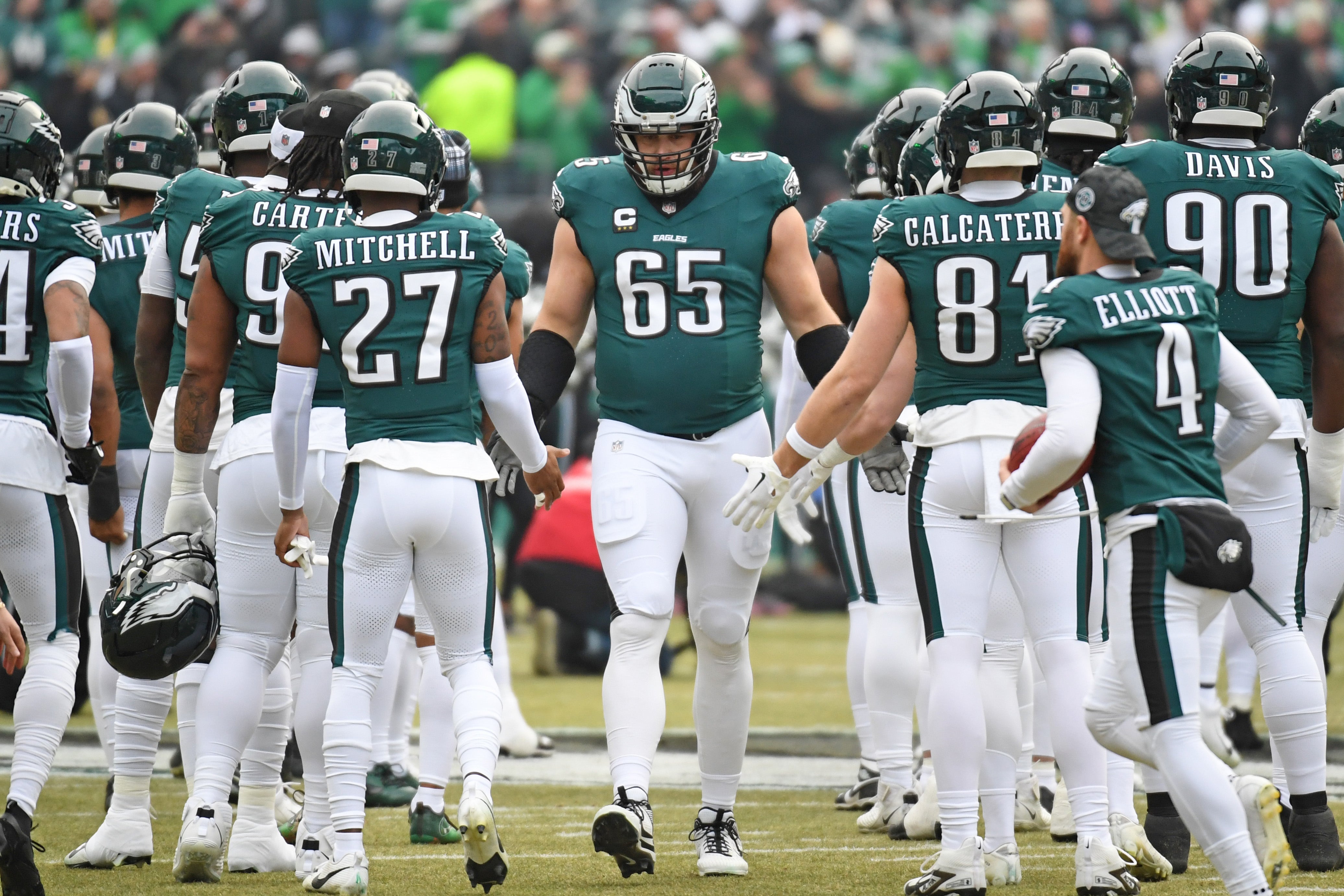 Philadelphia Eagles offensive tackle Lane Johnson (65) during the player introductions against the Washington Commanders in the NFC Championship game at Lincoln Financial Field.