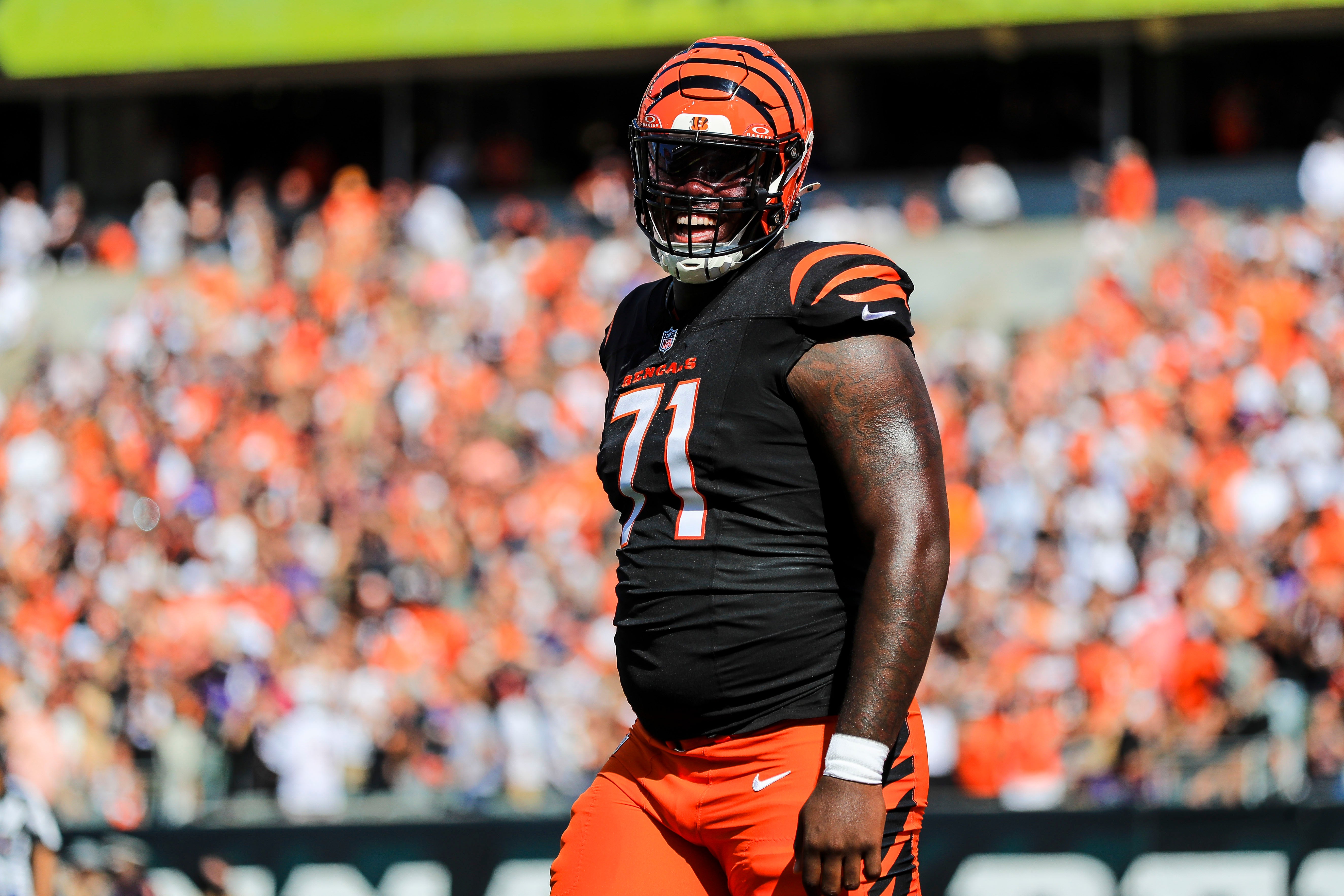 Oct 6, 2024; Cincinnati, Ohio, USA; Cincinnati Bengals offensive tackle Amarius Mims (71) reacts after a play in the first half against the Baltimore Ravens at Paycor Stadium.