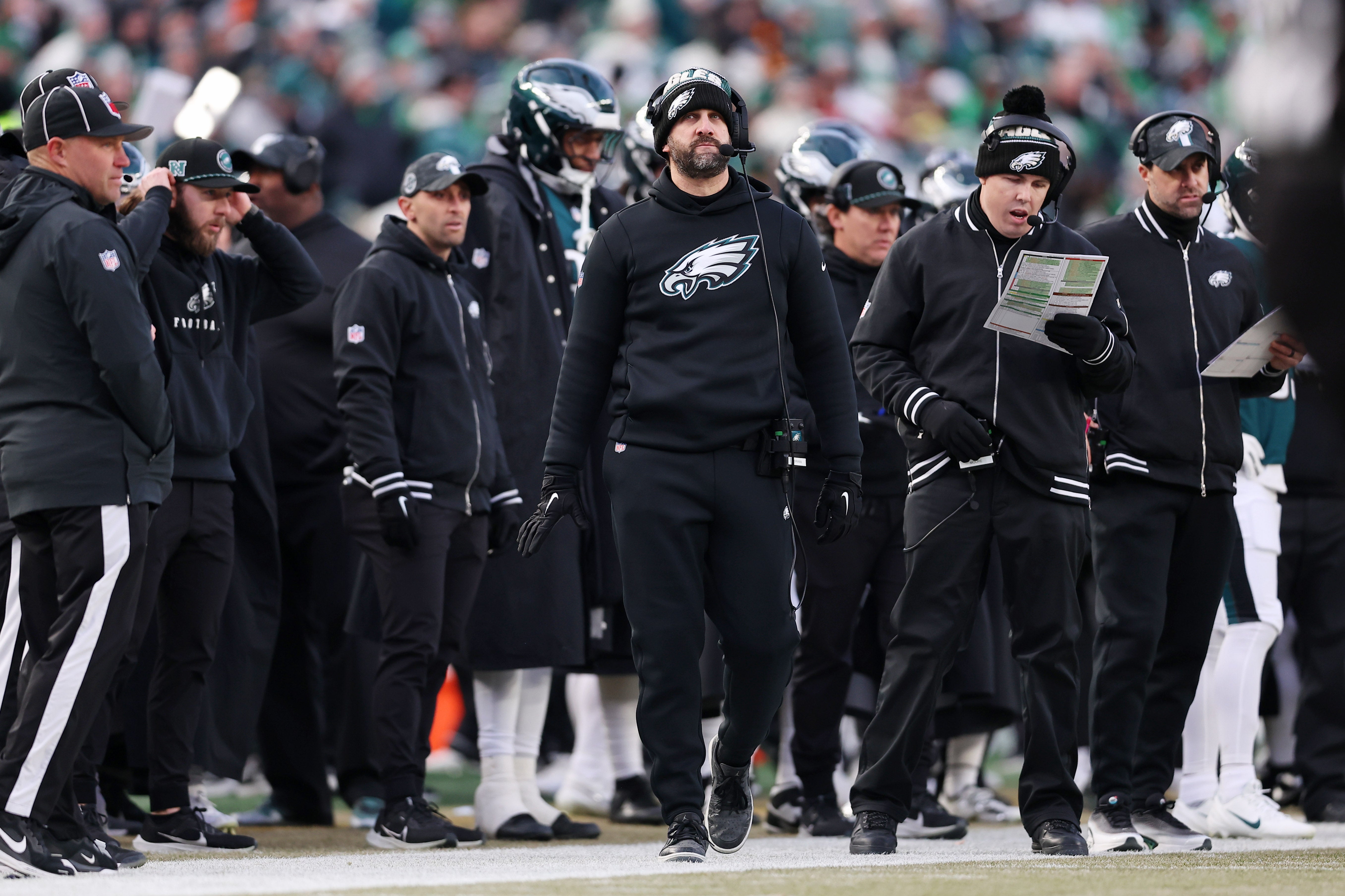 Philadelphia Eagles head coach Nick Sirianni and offensive coordinator Kellen Moore during the first half in the NFC Championship game at Lincoln Financial Field.