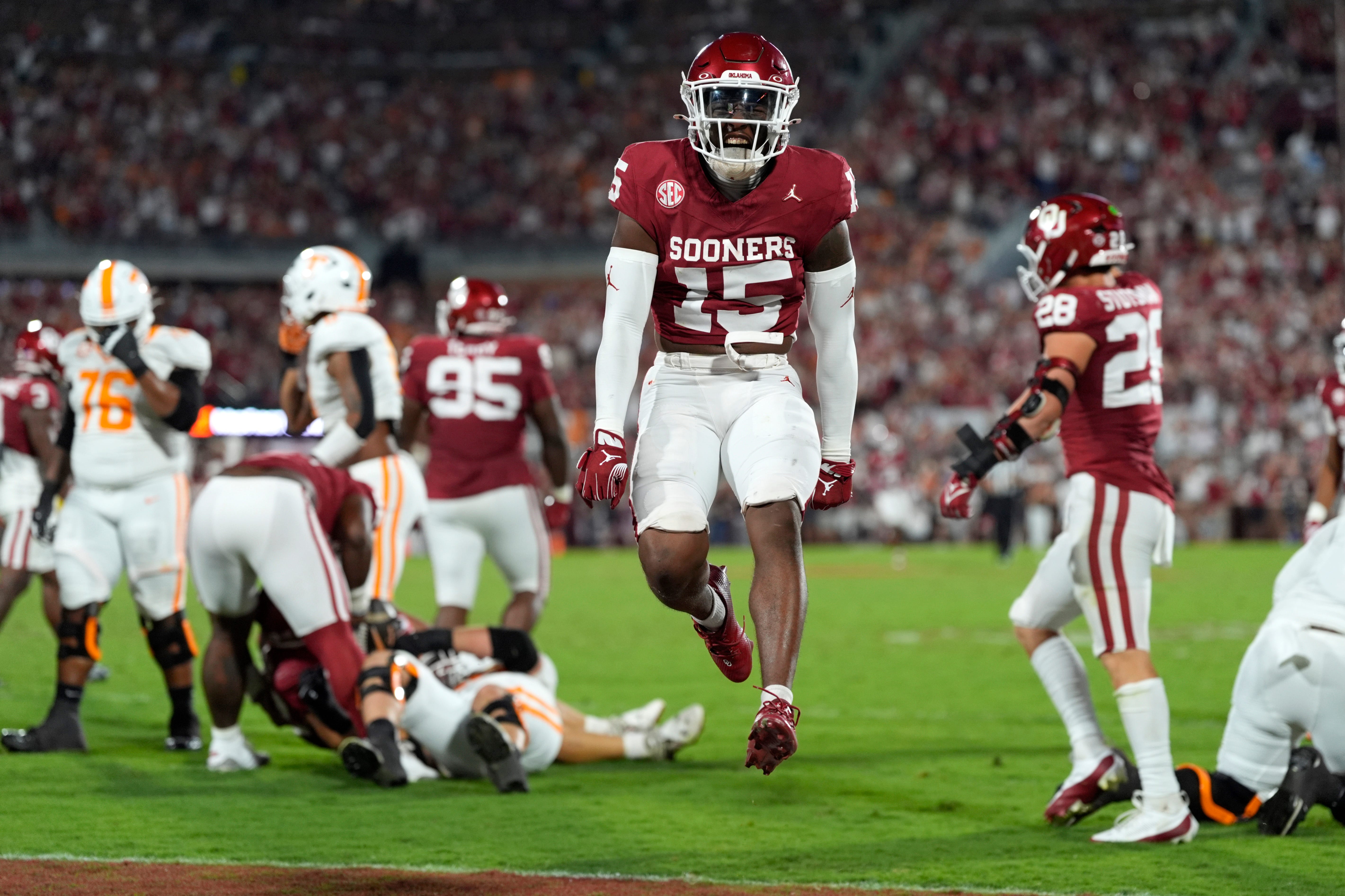 Oklahoma Sooners defensive back Kendel Dolby (15) celebrates after an OU fumble recovery during a college football game between the University of Oklahoma Sooners (OU) and the Tennessee Volunteers at Gaylord Family - Oklahoma Memorial Stadium in Norman, Okla., Saturday, Sept. 21, 2024.