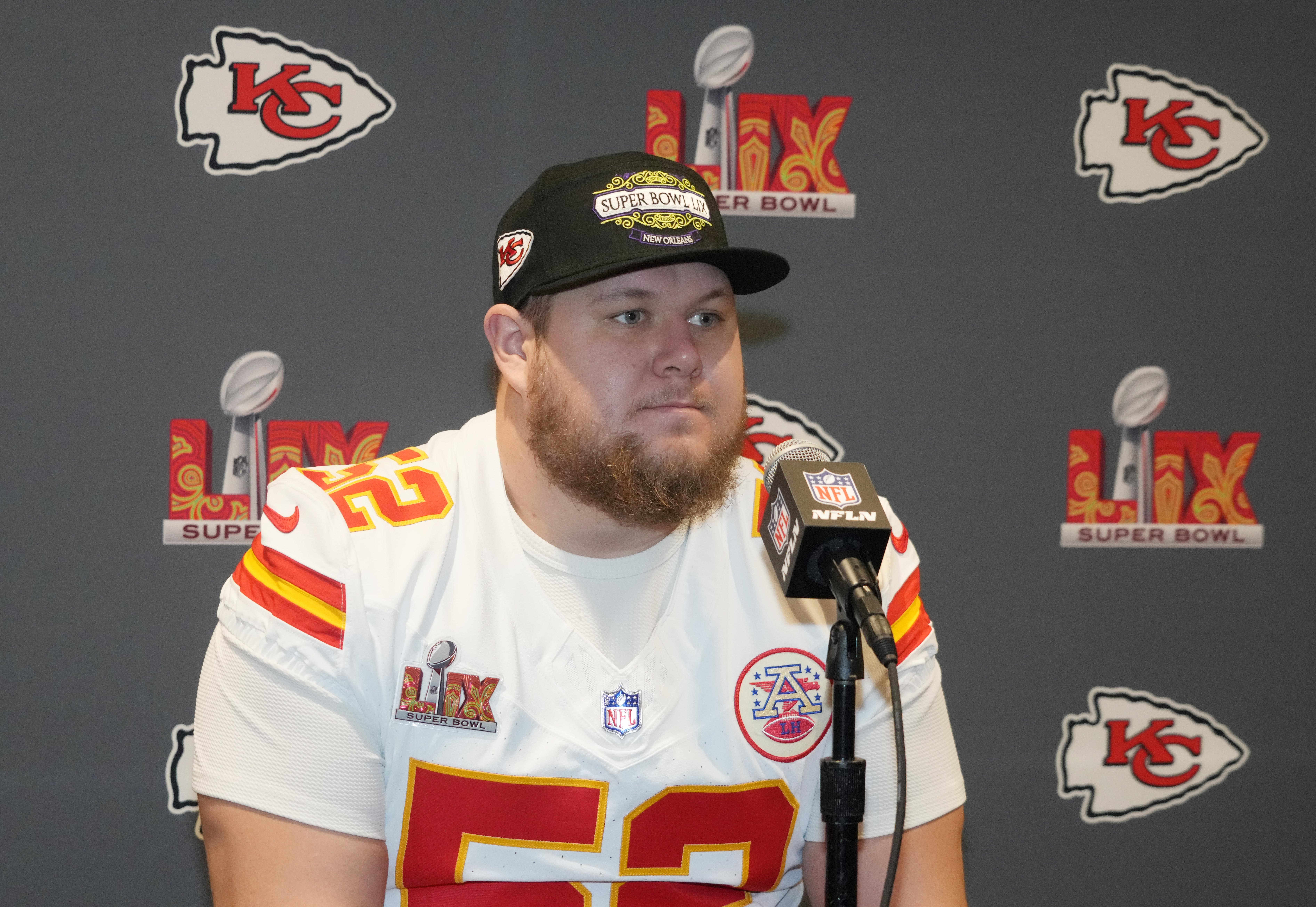 Feb 4, 2025; New Orleans, LA, USA; Kansas City Chiefs center Creed Humphrey (52) at a press conference in advance of Super Bowl LIX at New Orleans Marriott.