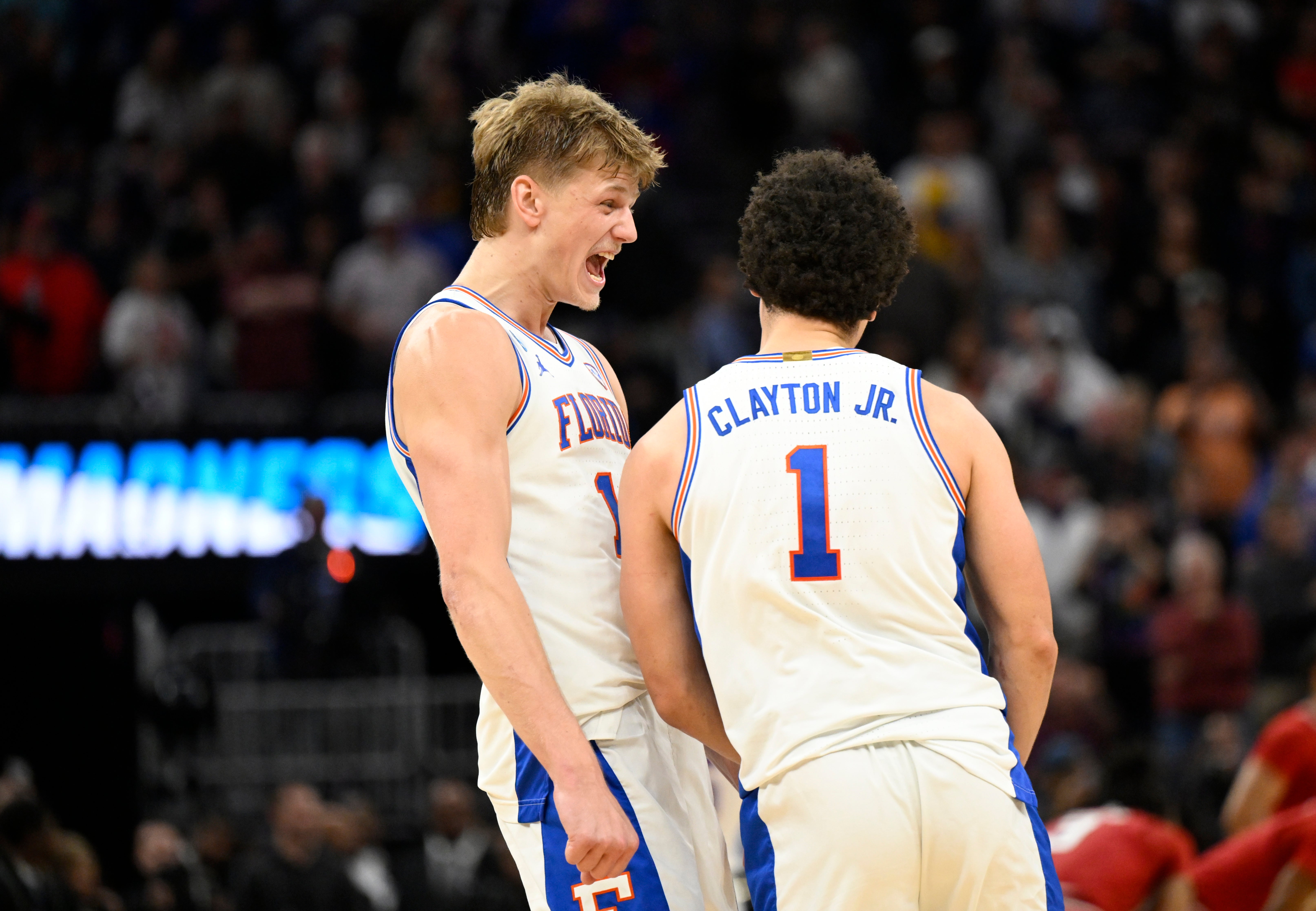 Mar 29, 2025; San Francisco, CA, USA; Florida Gators forward Thomas Haugh (10) and guard Walter Clayton Jr. (1) celebrate defeating the Texas Tech Red Raiders during the West Regional final of the 2025 NCAA tournament at Chase Center.