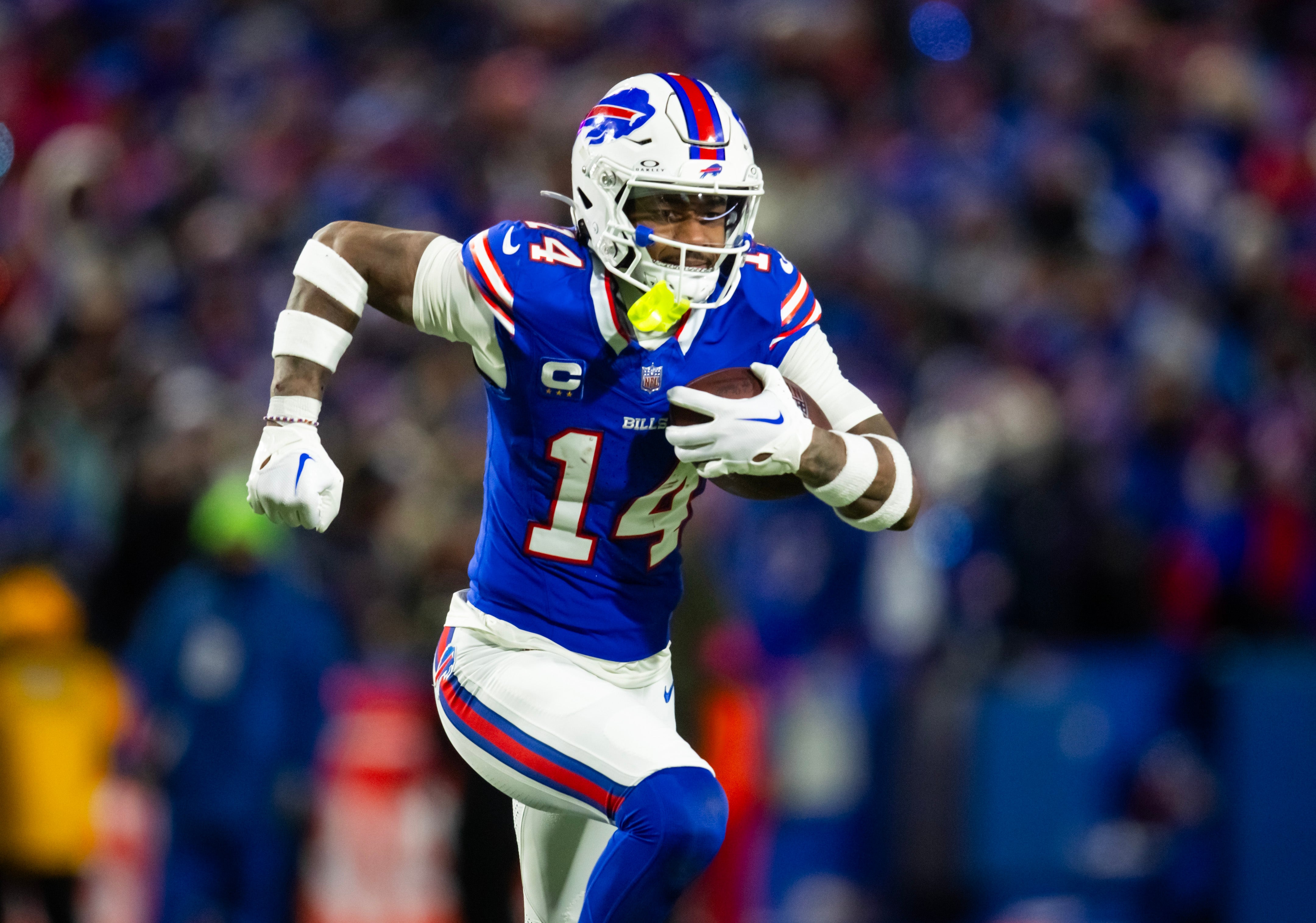 Jan 21, 2024; Orchard Park, New York, USA; Buffalo Bills wide receiver Stefon Diggs (14) against the Kansas City Chiefs in the 2024 AFC divisional round game at Highmark Stadium.
