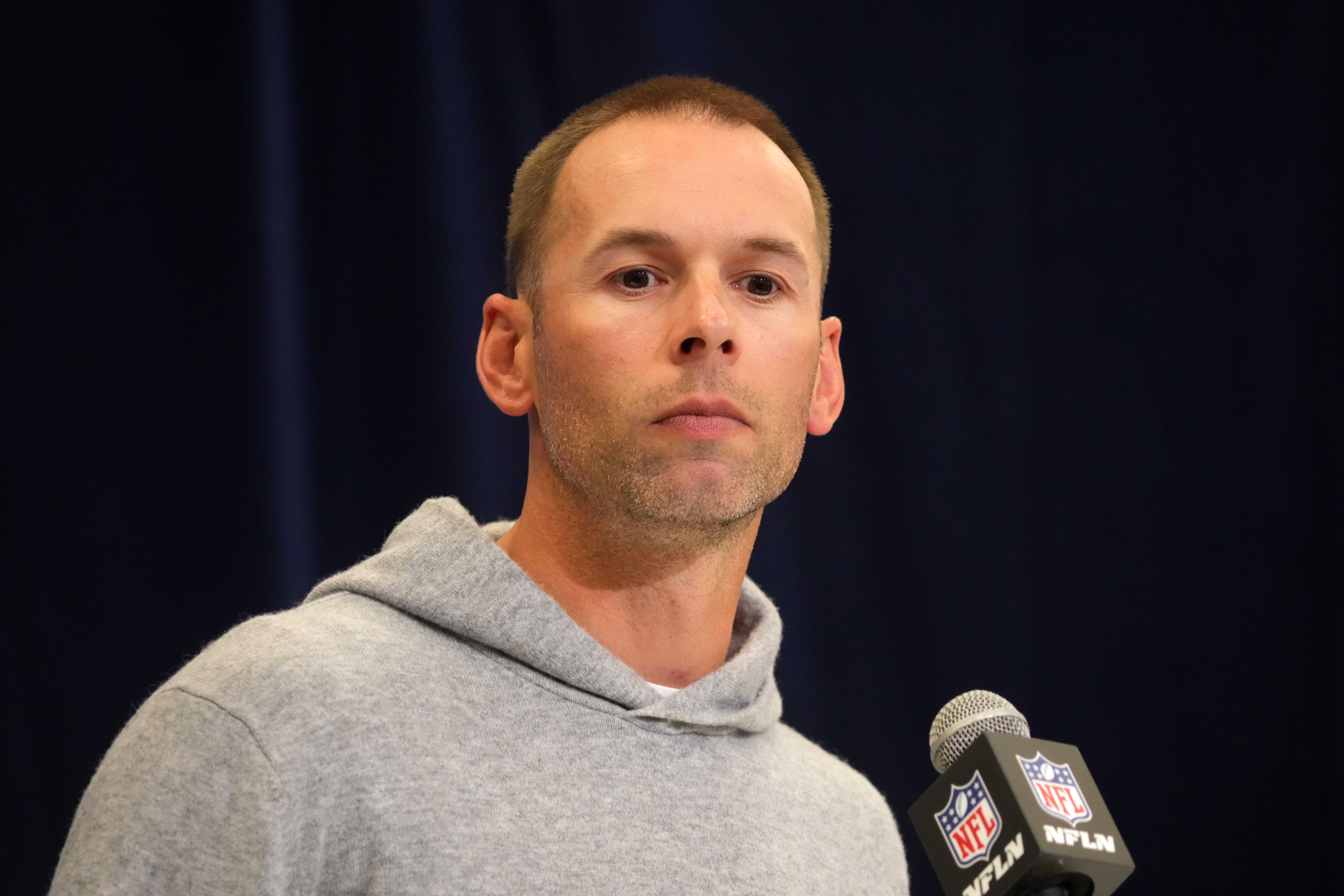 Feb 25, 2025; Indianapolis, IN, USA; Arizona Cardinals coach Jonathan Gannon speaks during the NFL Scouting Combine at the Indiana Convention Center.