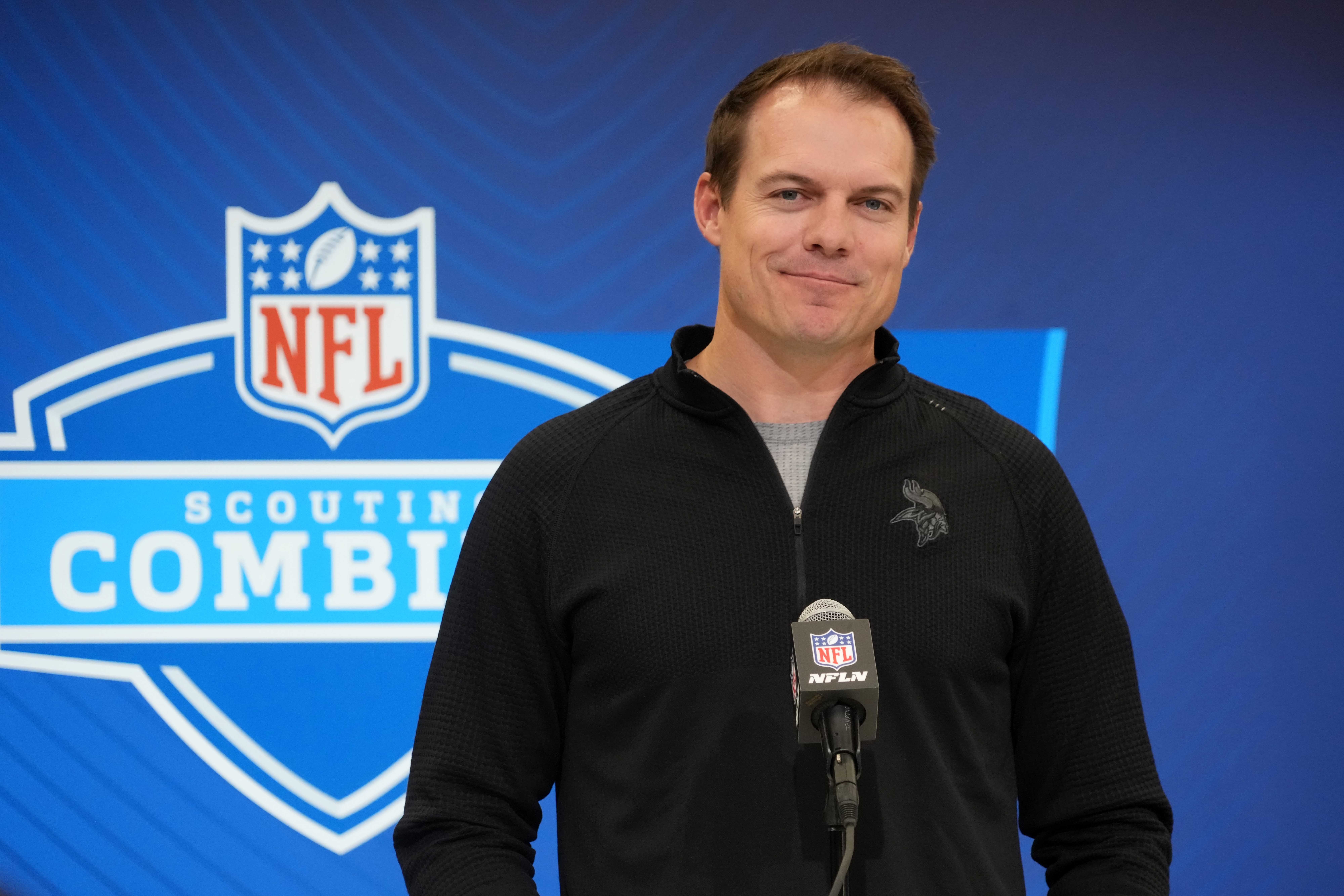 Feb 25, 2025; Indianapolis, IN, USA; Minnesota Vikings coach Kevin O'Connell speaks during the NFL Scouting Combine at the Indiana Convention Center.