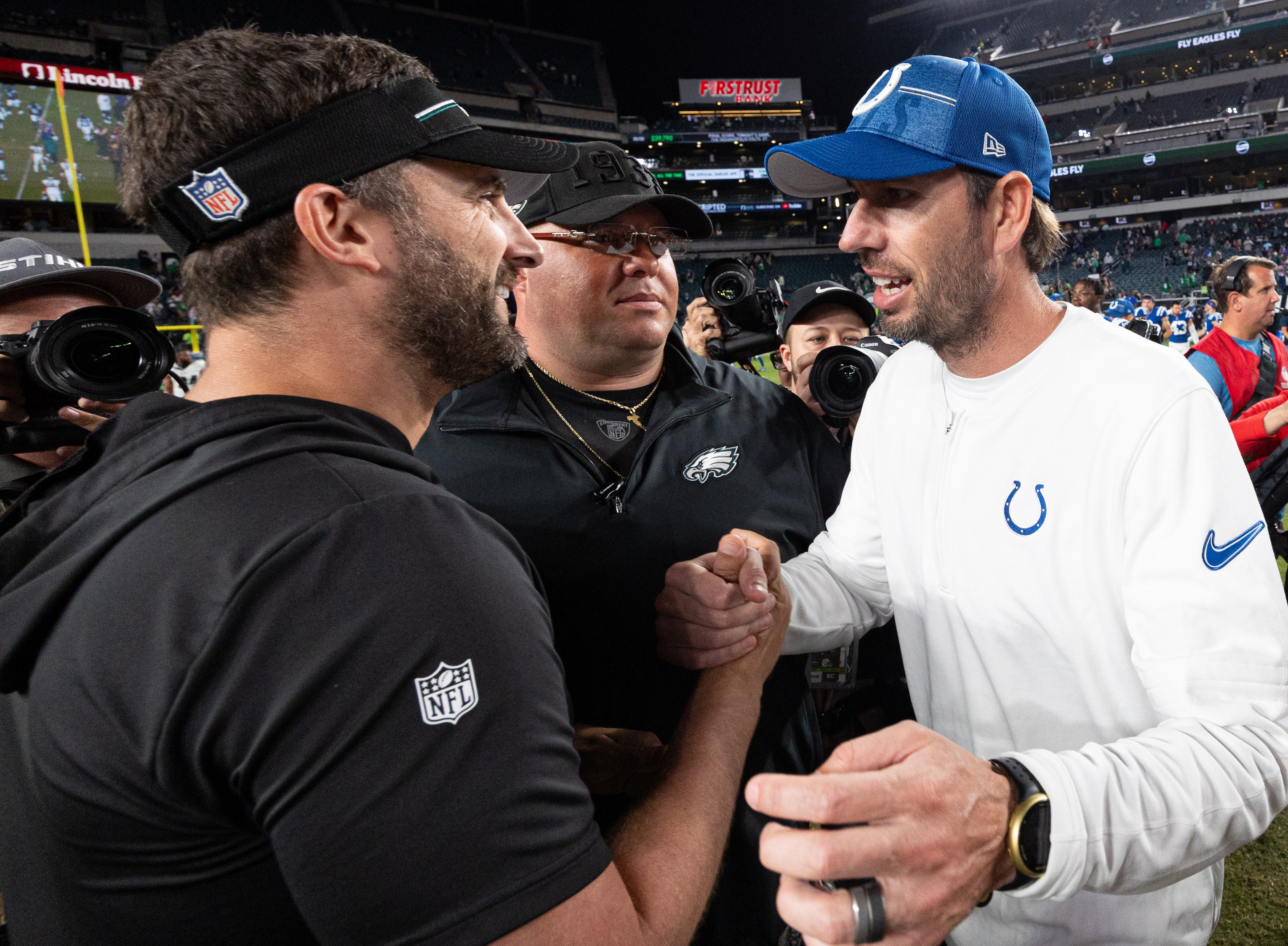 Aug 24, 2023; Philadelphia, Pennsylvania, USA; Philadelphia Eagles head coach Nick Sirianni (L) shakes hands with Indianapolis Colts head coach Shane Steichen (R) after a game at Lincoln Financial Field.