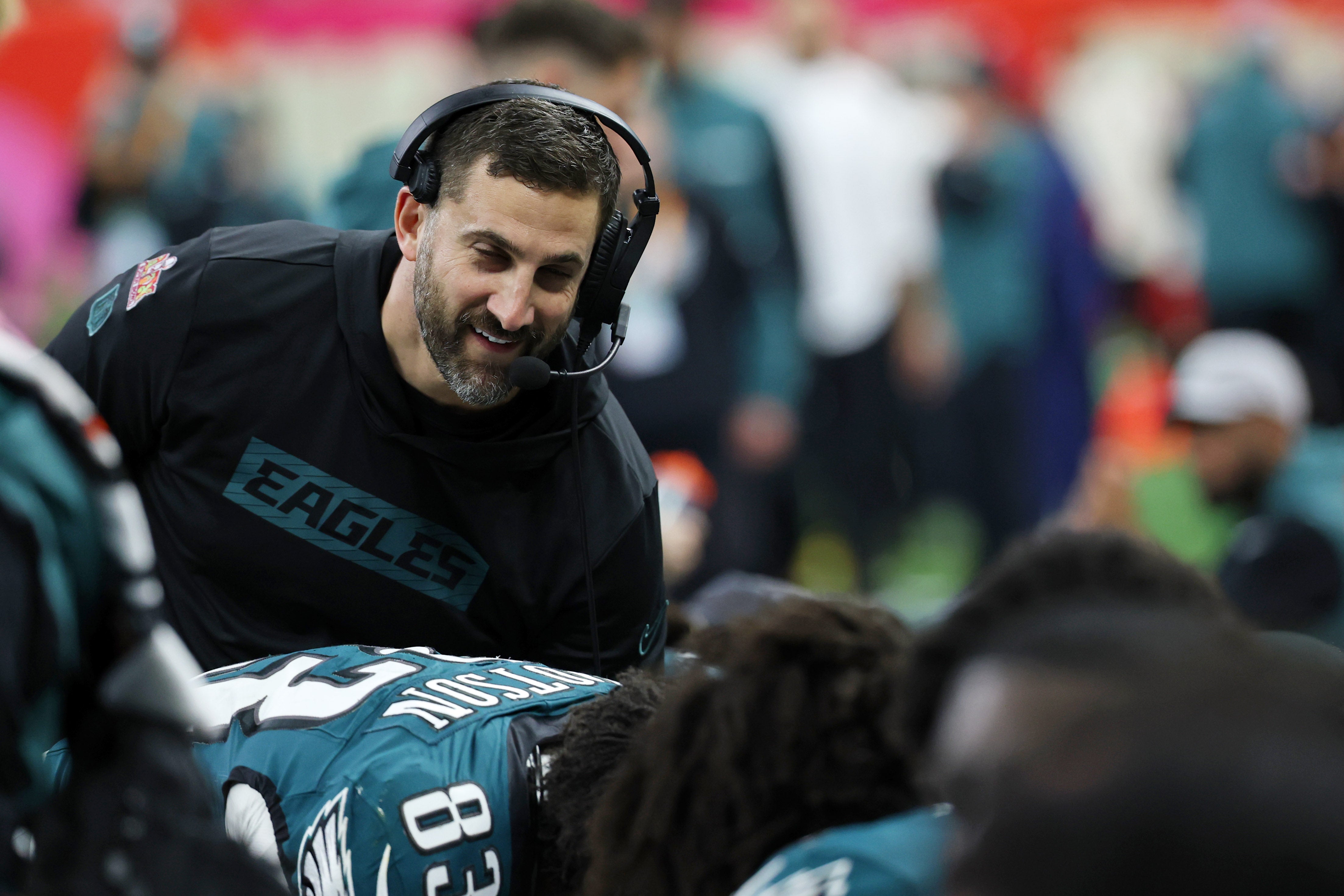 Philadelphia Eagles head coach Nick Sirianni reacts as he talks with players during the second half of Super Bowl LIX at Caesars Superdome.