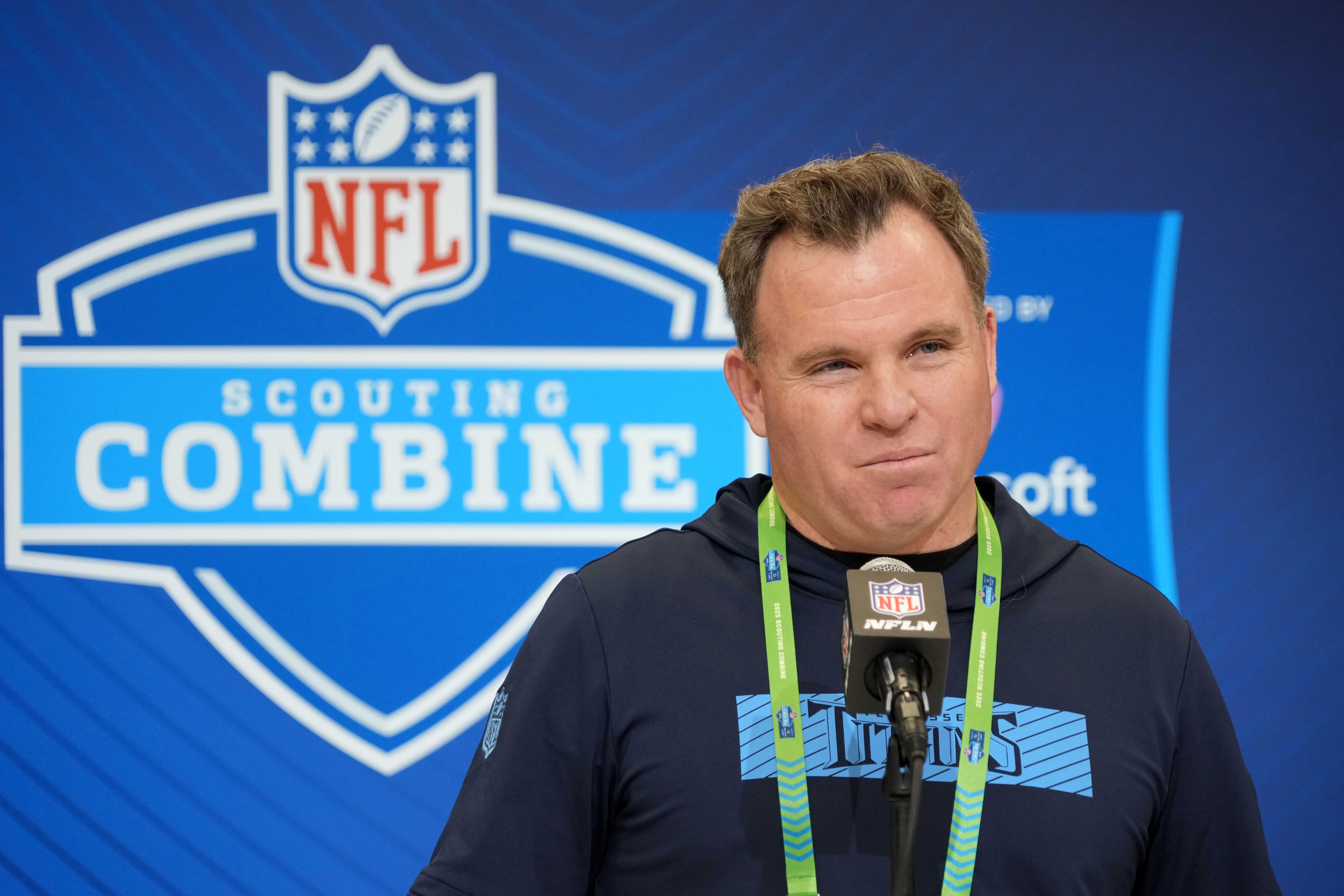 Feb 25, 2025; Indianapolis, IN, USA; Tennessee Titans general manager Mike Borgonzi speaks during the NFL Scouting Combine at the Indiana Convention Center. Mandatory Credit: Kirby Lee-Imagn Images